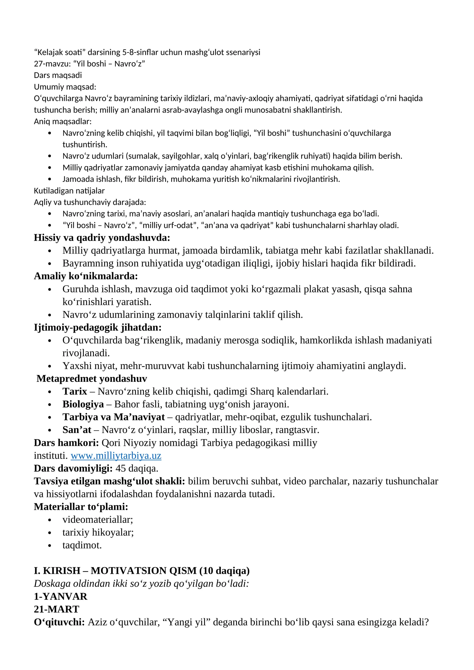 “Kelajak soati” darsining 5-8-sinflar uchun mashgʻulot ssenariysi