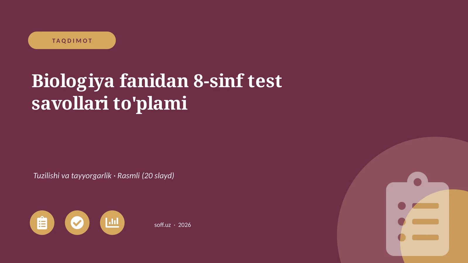 Biologiya fanidan 8-sinf test savollari to'plami