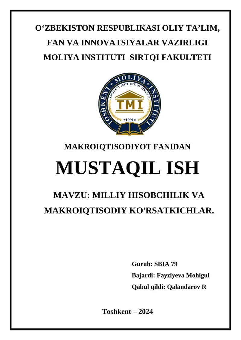 MILLIY HISOBCHILIK VA MAKROIQTISODIY KO'RSATKICHLAR