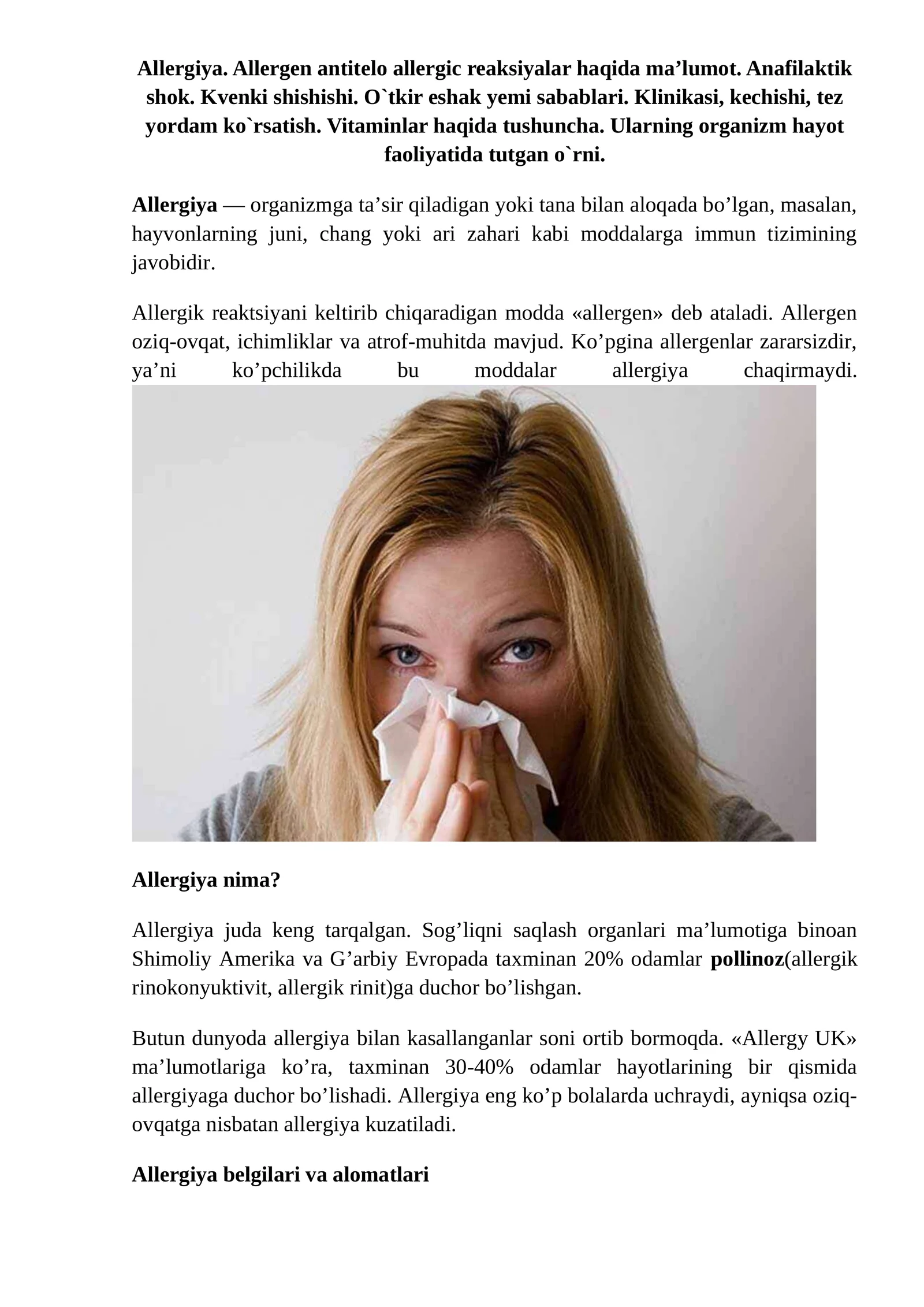 Allergiya va anafilaktik shok