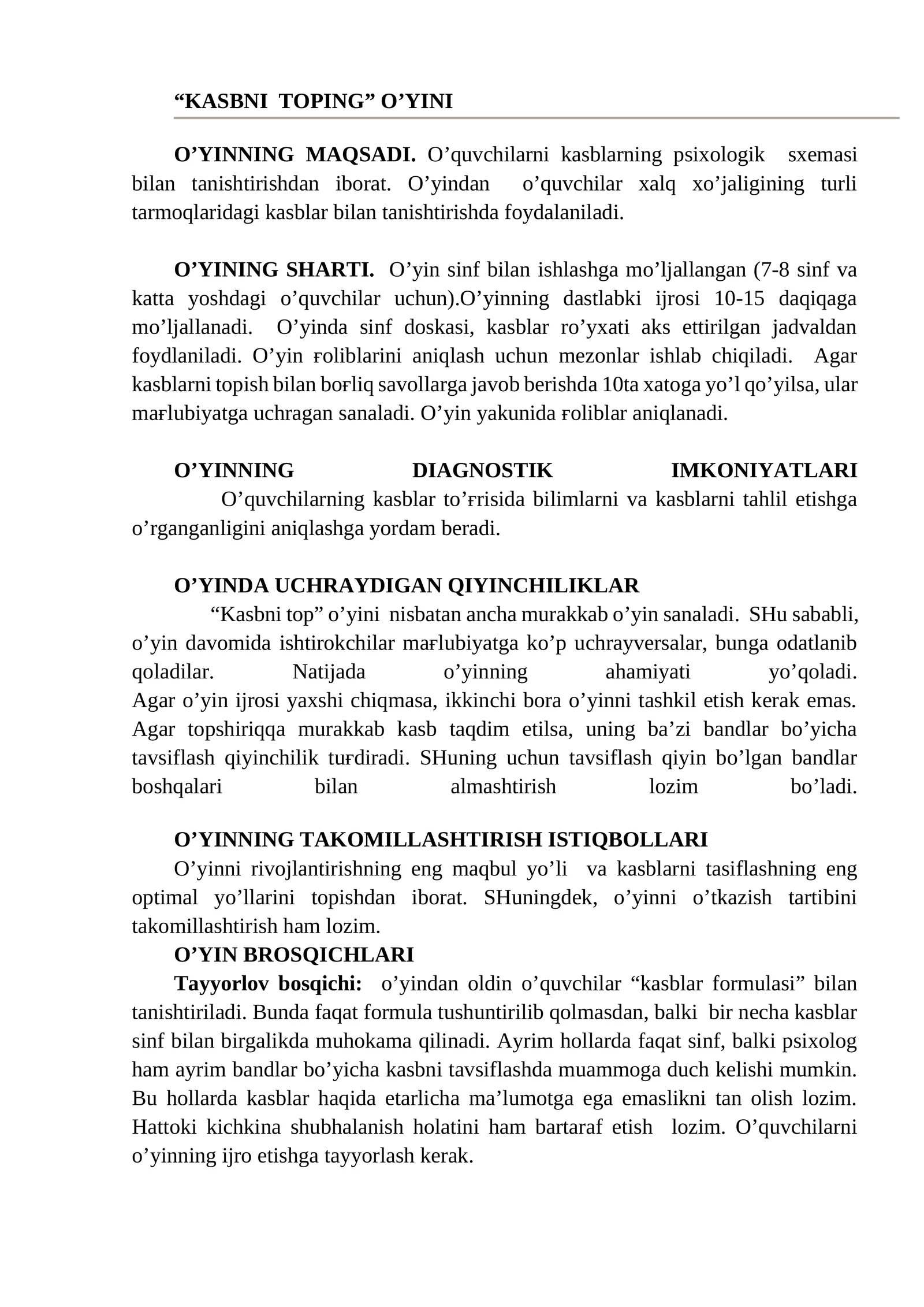 KASBNI TOPING O’YINI