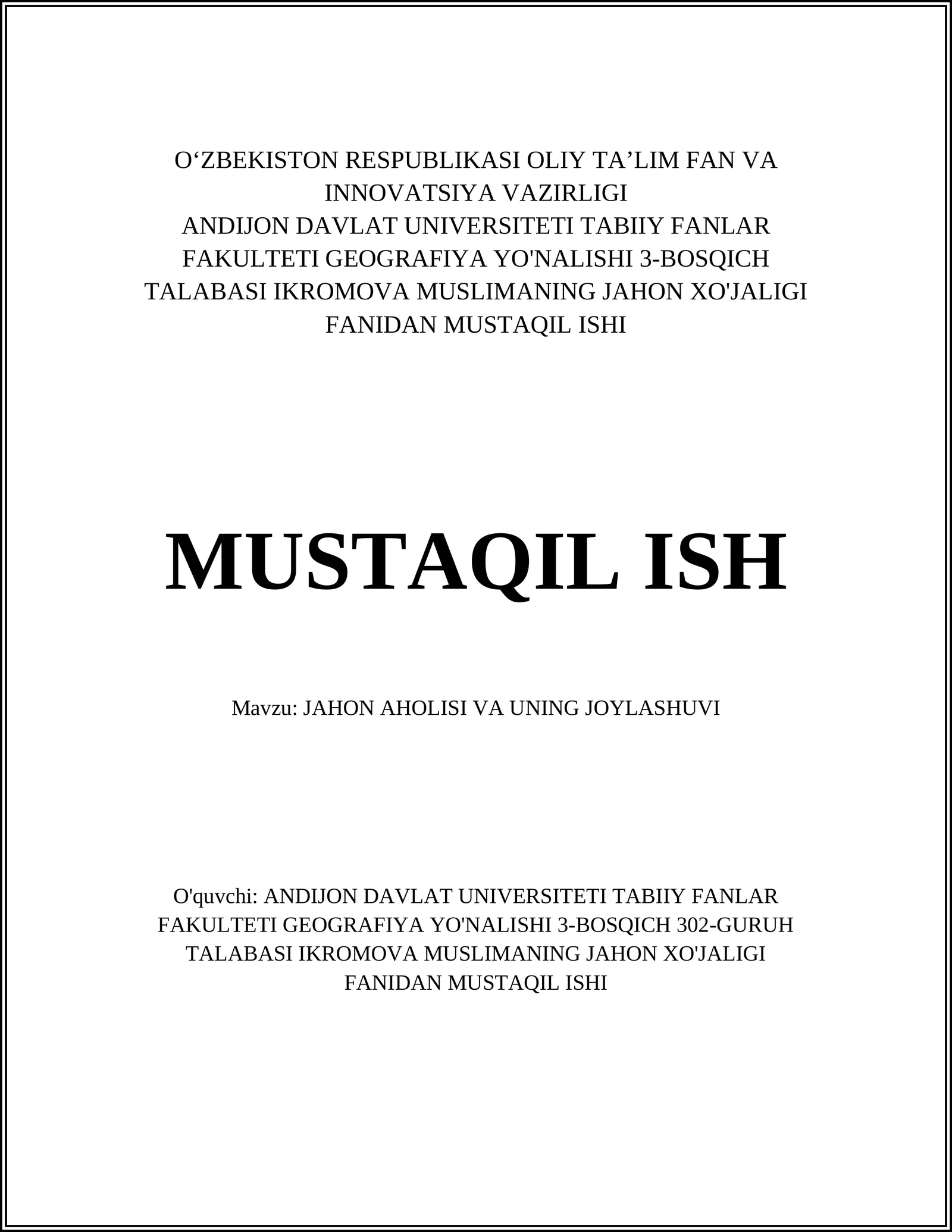 JAHON AHOLISI VA UNING JOYLASHUVI