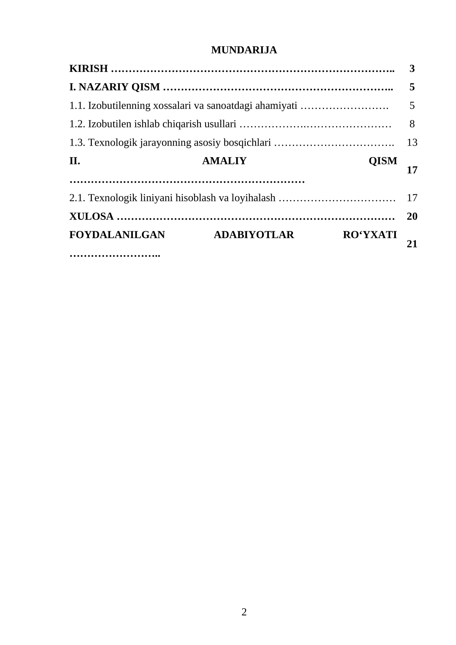 Ish unumdorligi Q=3000 t/yil bo‘lgan izobutilen ishlab chiqaradigan texnologik liniyasini loyihalash.