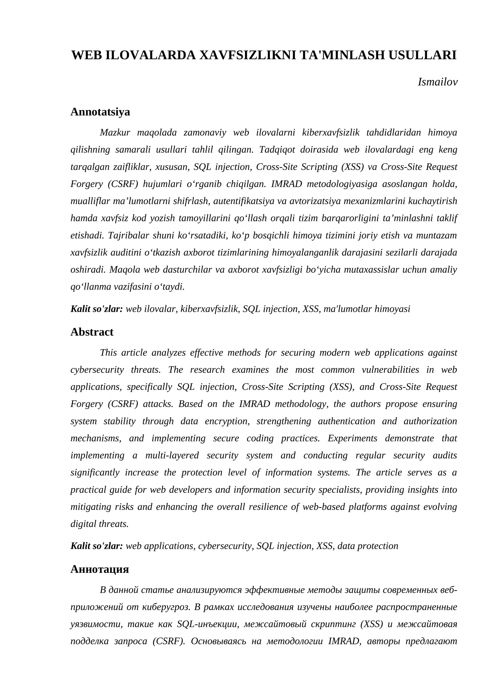 WEB ILOVALARDA XAVFSIZLIKNI TA'MINLASH USULLARI