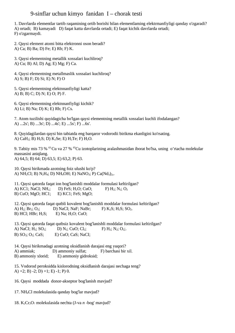 9-sinflar uchun kimyo fanidan I – chorak testi