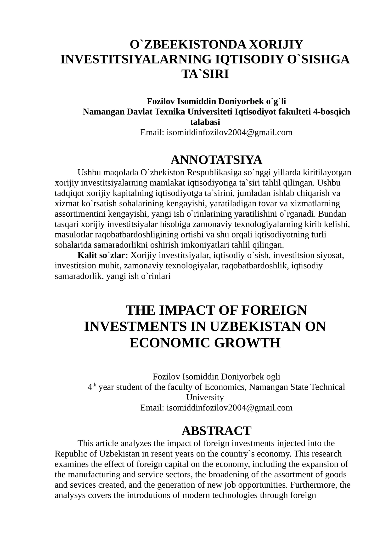 O`ZBEEKISTONDA XORIJIY INVESTITSIYALARNING IQTISODIY O`SISHGA TA`SIRI