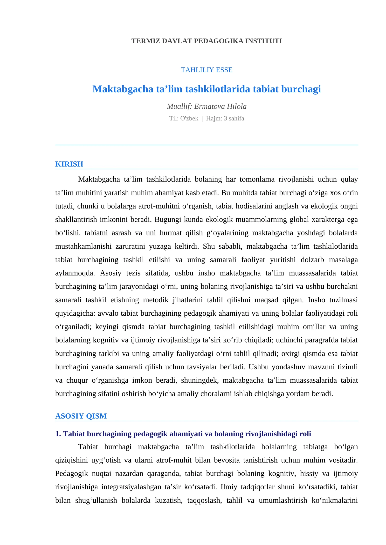 Maktabgacha taʼlim tashkilotlarida tabiat burchagi