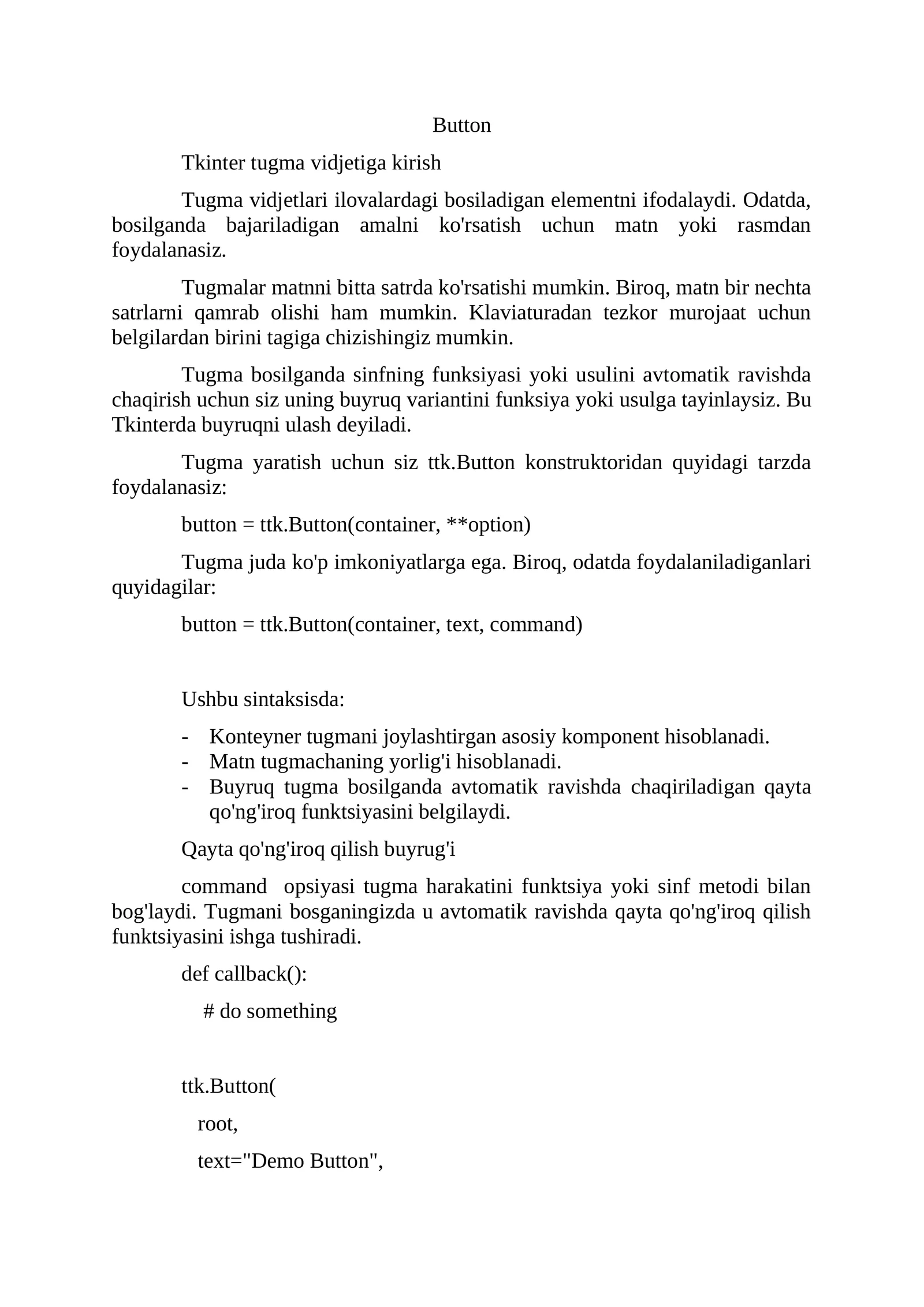 Tkinter tugma vidjetiga kirish