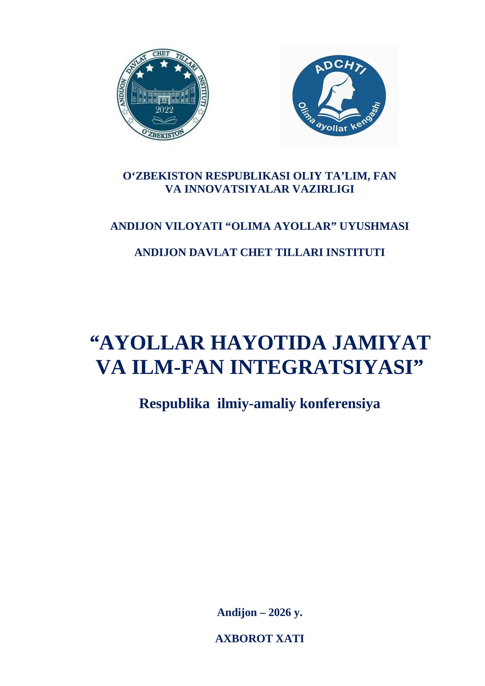 “AYOLLAR HAYOTIDA JAMIYAT VA ILM-FAN INTEGRATSIYASI” Respublika ilmiy-amaliy konferensiya