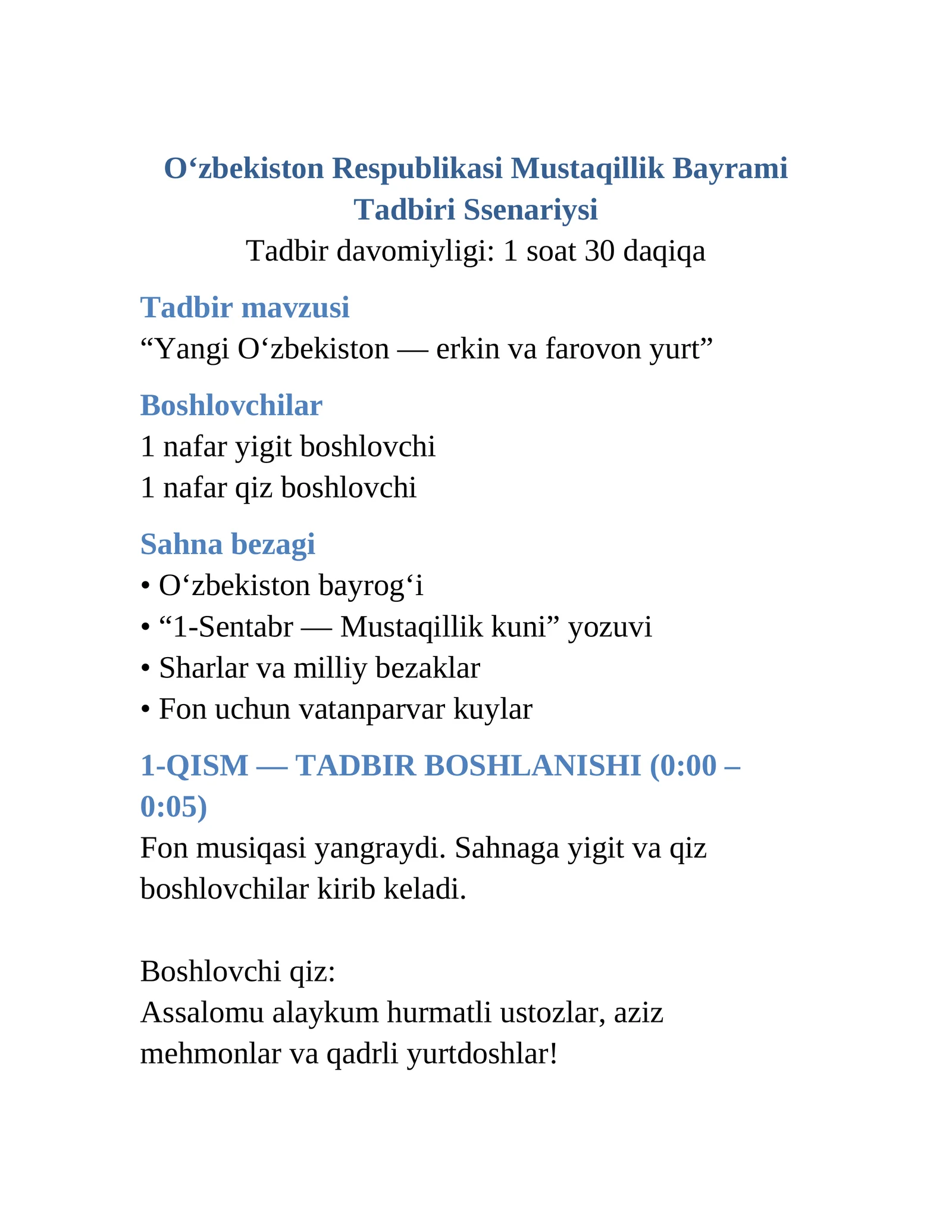 Mustaqillik bayram tadbiri ssenariysi