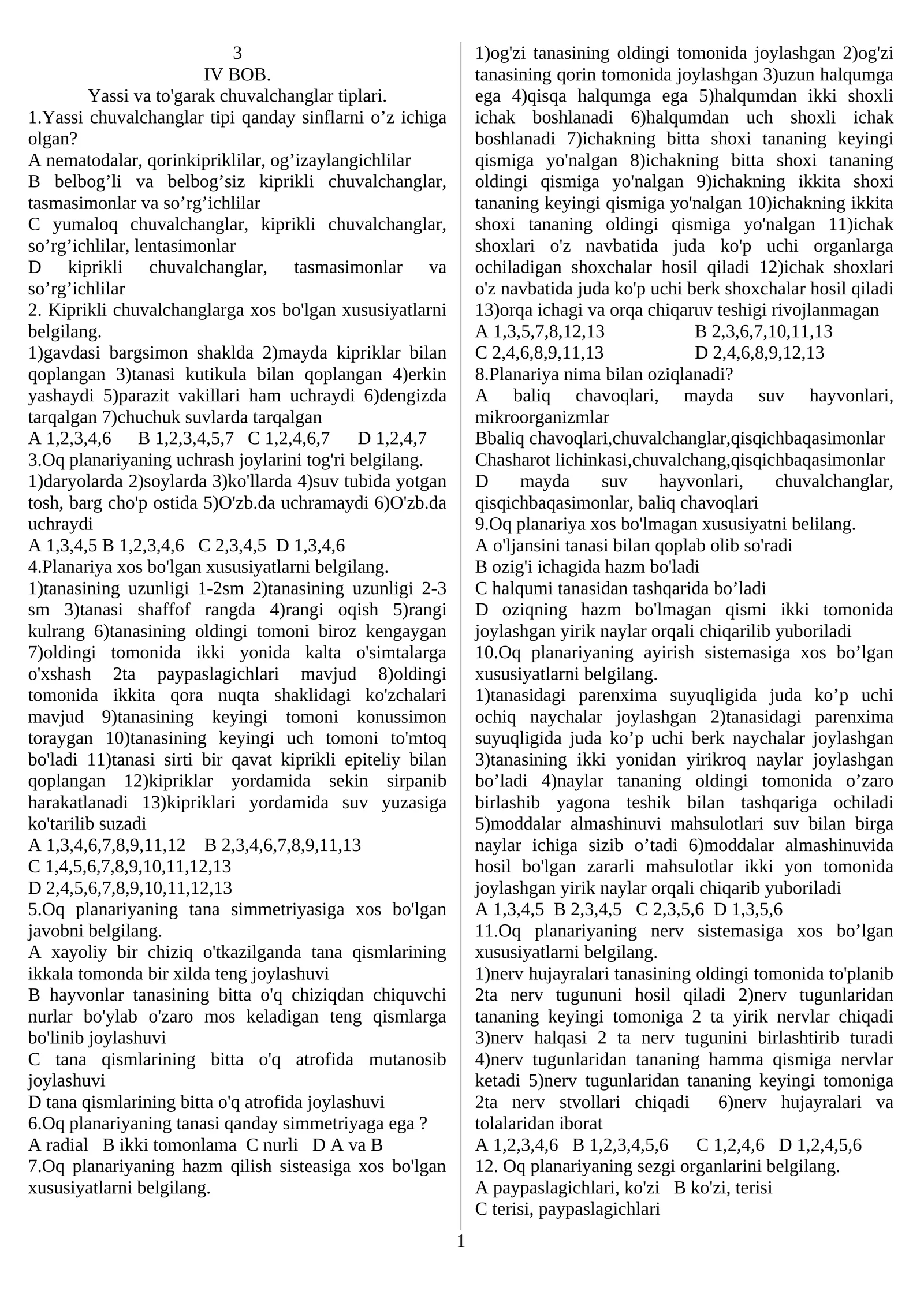 Yassi va to'garak chuvalchanglar tiplari