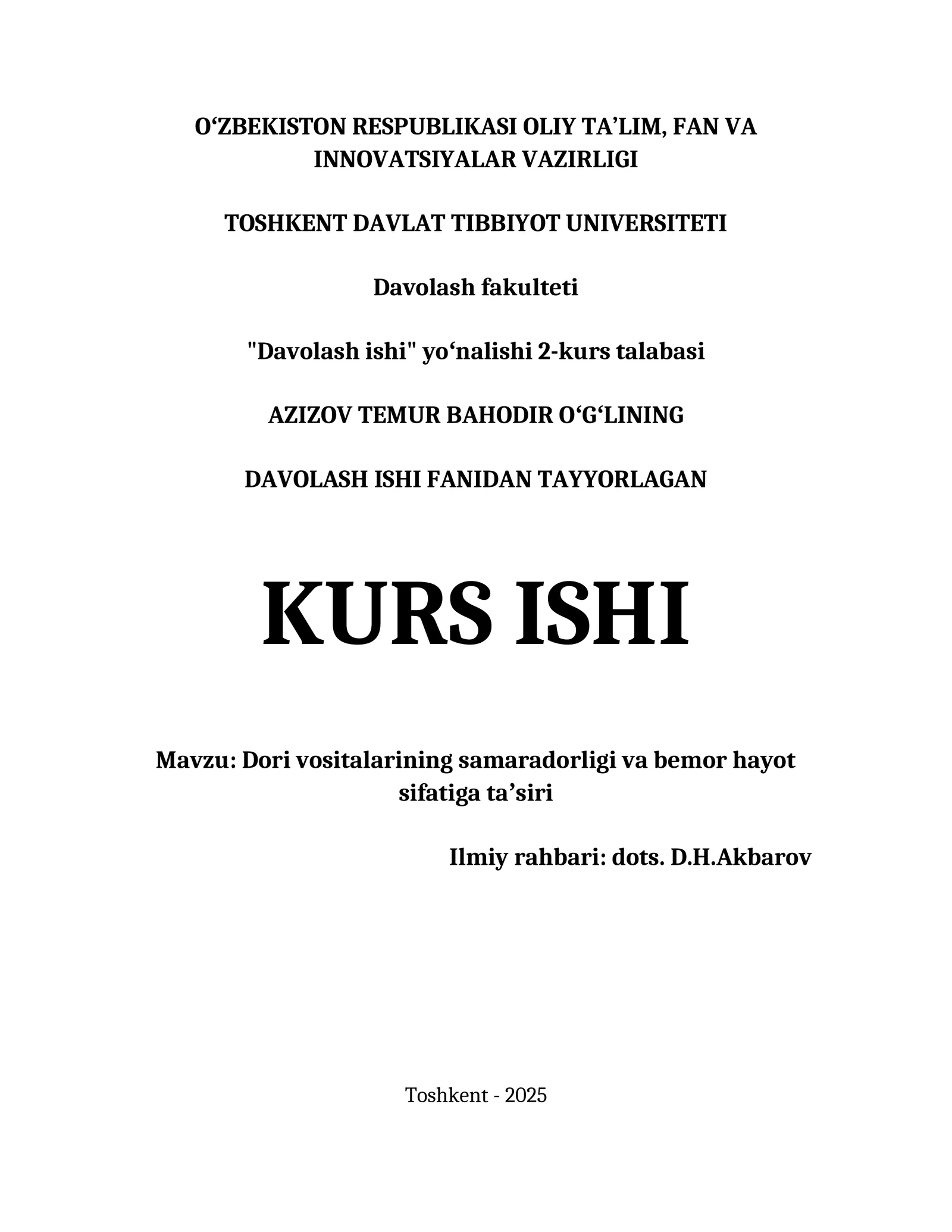 DAVOLASH ISHI FANIDAN TAYYORLAGAN KURS ISHI