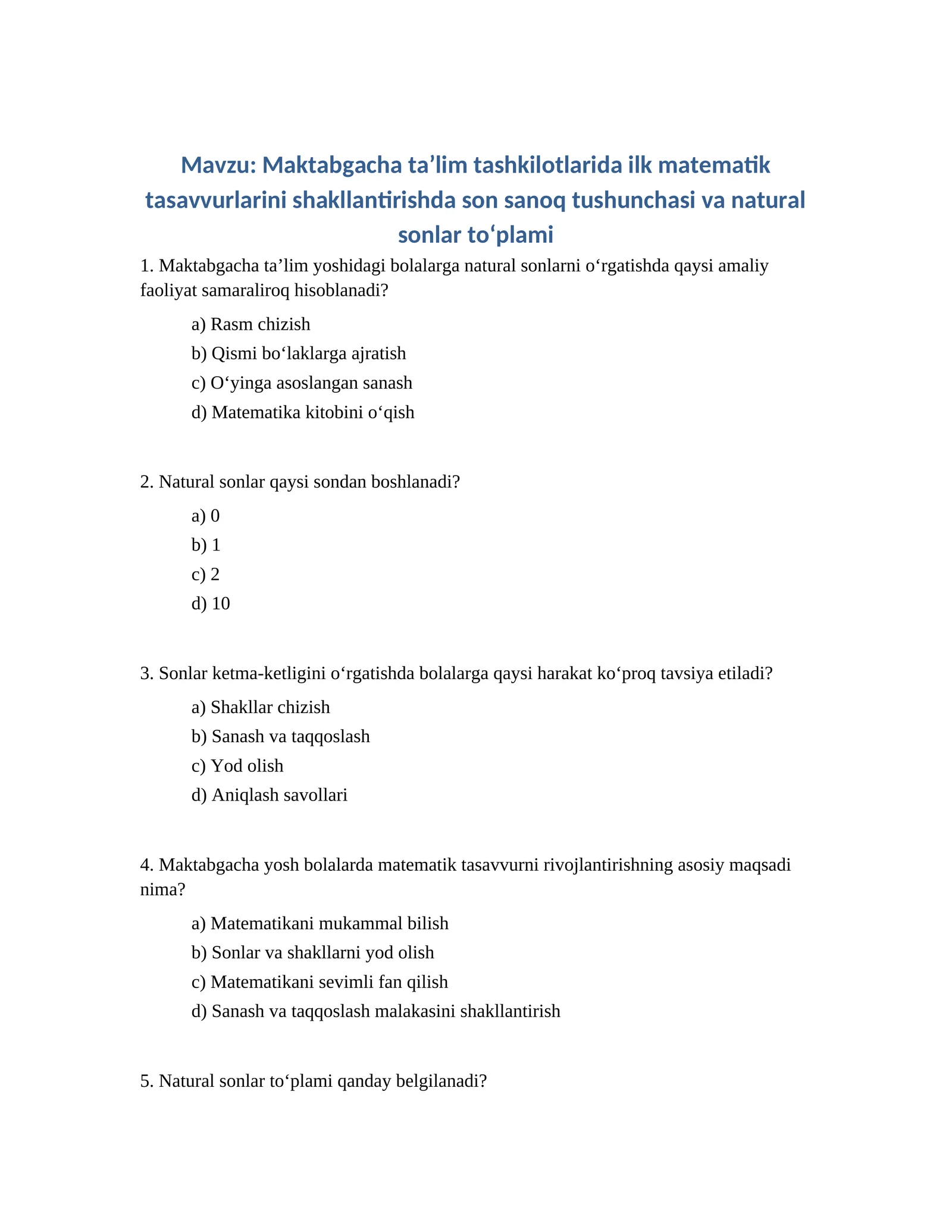 Maktabgacha taʼlim tashkilotlarida ilk matematik tasavvurlarini shakllantirishda son sanoq tushunchasi va natural sonlar to‘plami