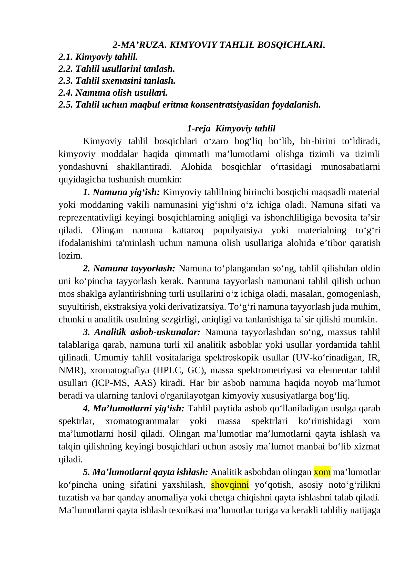 KIMYOVIY TAHLIL BOSQICHLARI