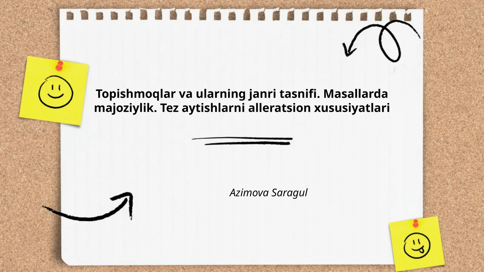 Topishmoqlar va ularning janri tasnifi. Masallarda majoziylik. Tez aytishlarni alleratsion xususiyatlari