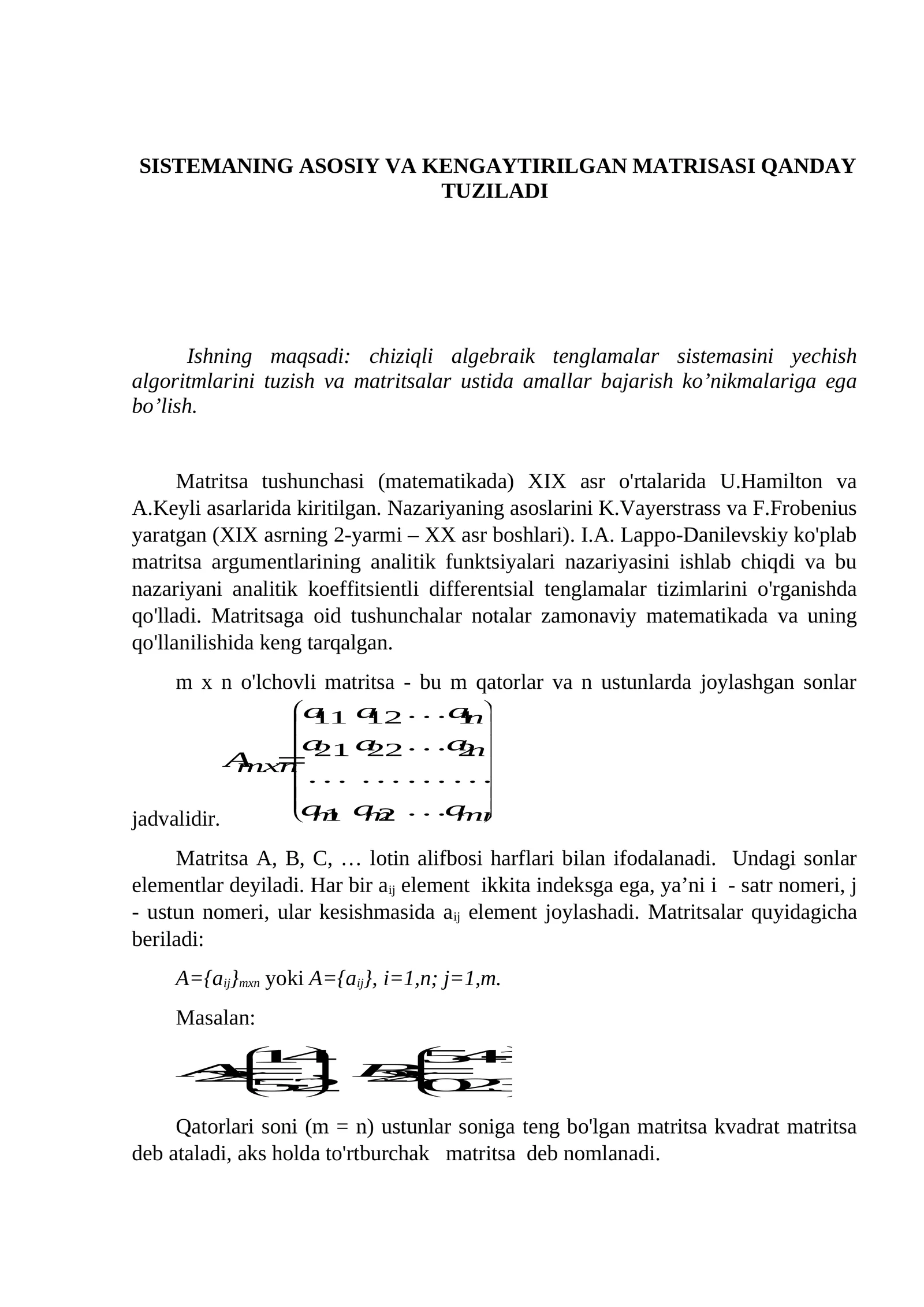 SISTEMANING ASOSIY VA KENGAYTIRILGAN MATRISASI QANDAY TUZILADI