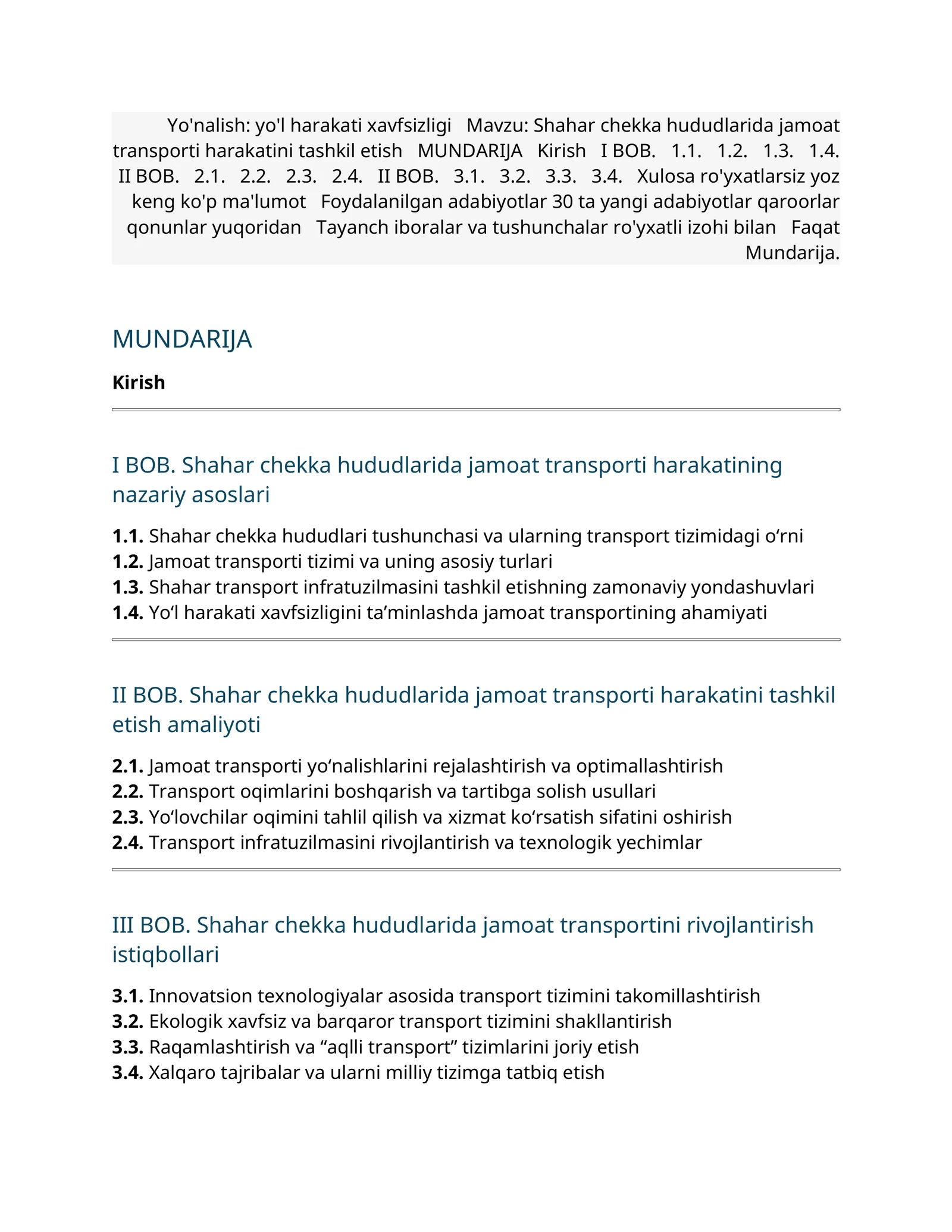 Shahar chekka hududlarida jamoat transporti harakatini tashkil etish