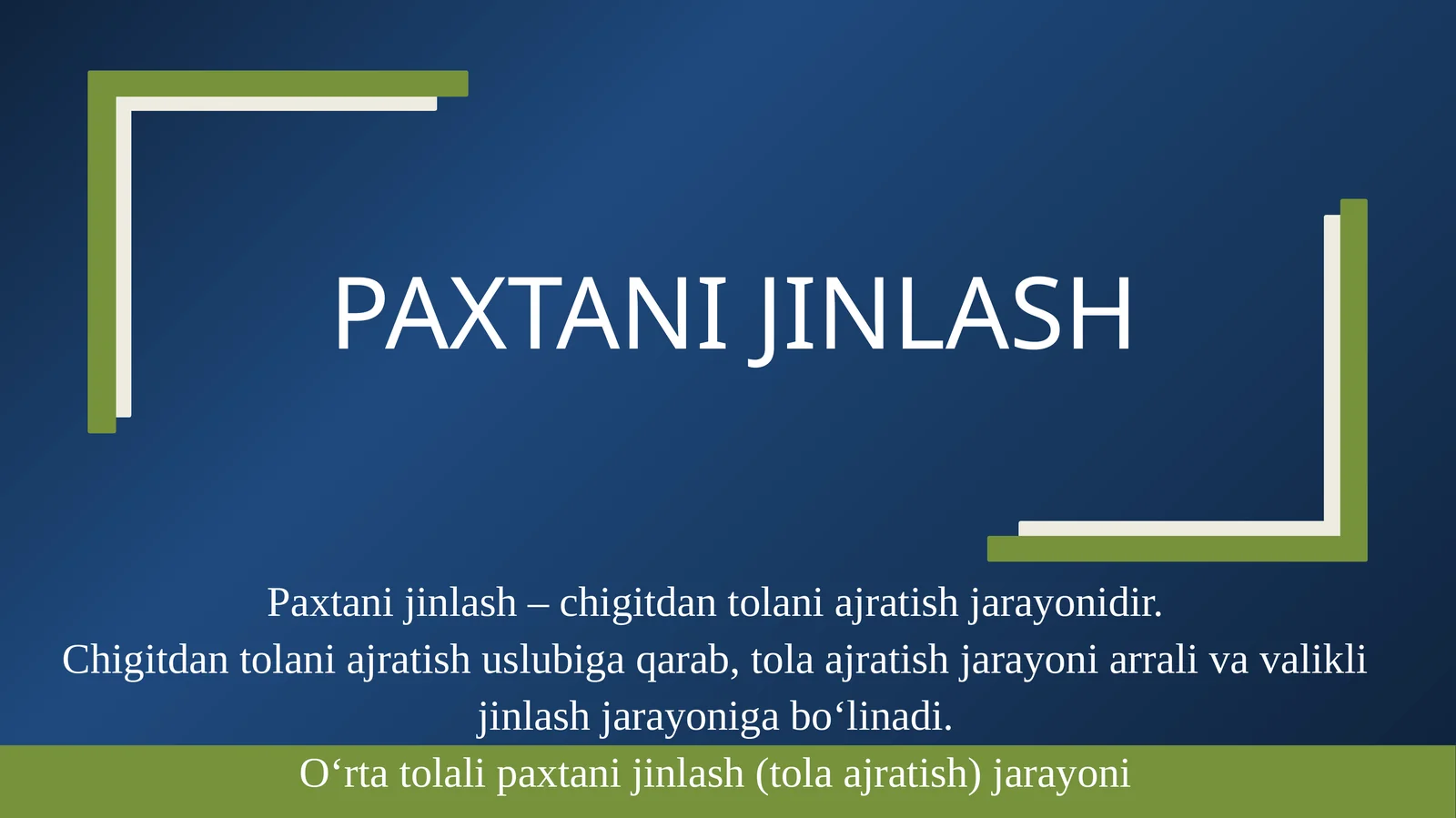 O‘rta tolali paxtani jinlash (tola ajratish) jarayoni