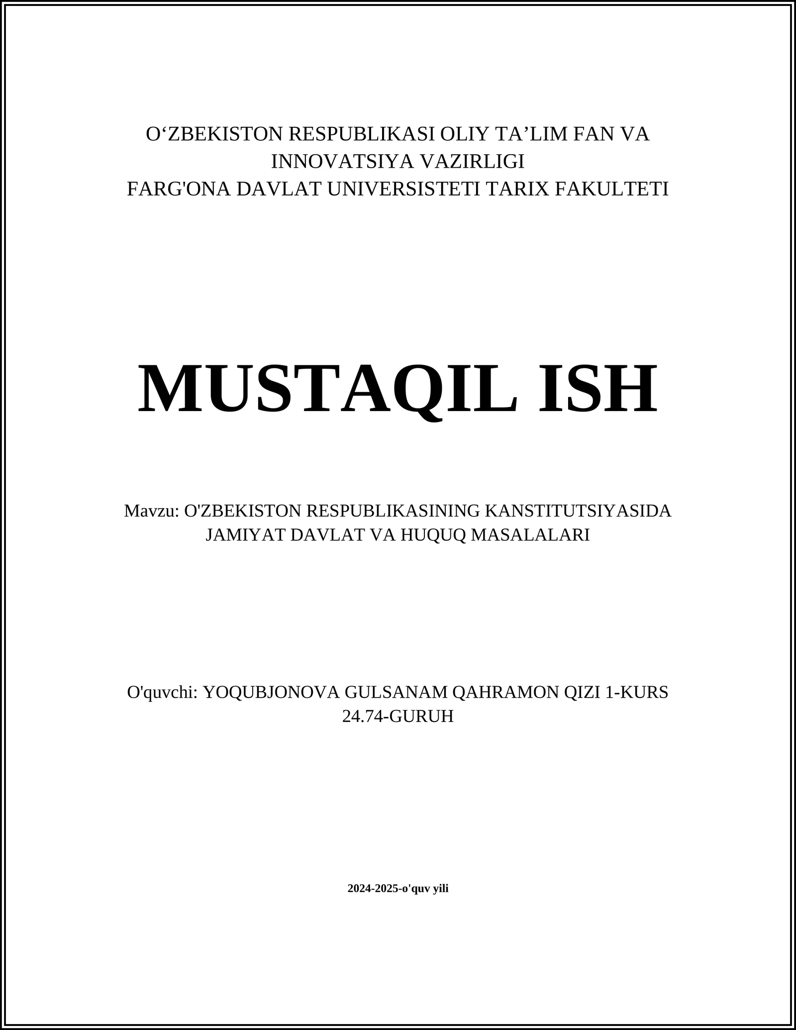 O'ZBEKISTON RESPUBLIKASINING KANSTITUTSIYASIDA JAMIYAT DAVLAT VA HUQUQ MASALALARI