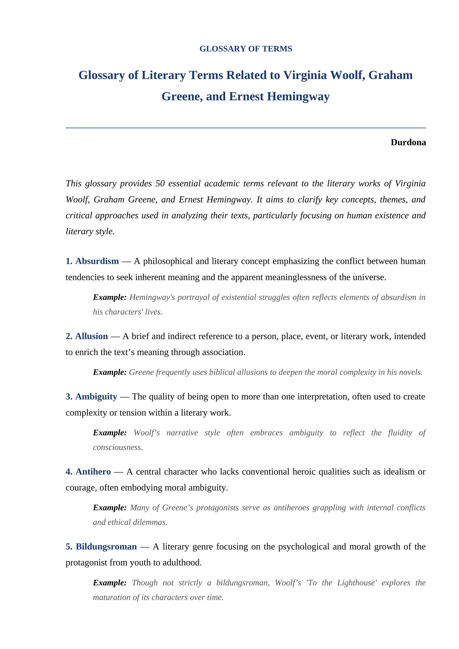 Glossary of Literary Terms Related to Virginia Woolf, Graham Greene, and Ernest Hemingway