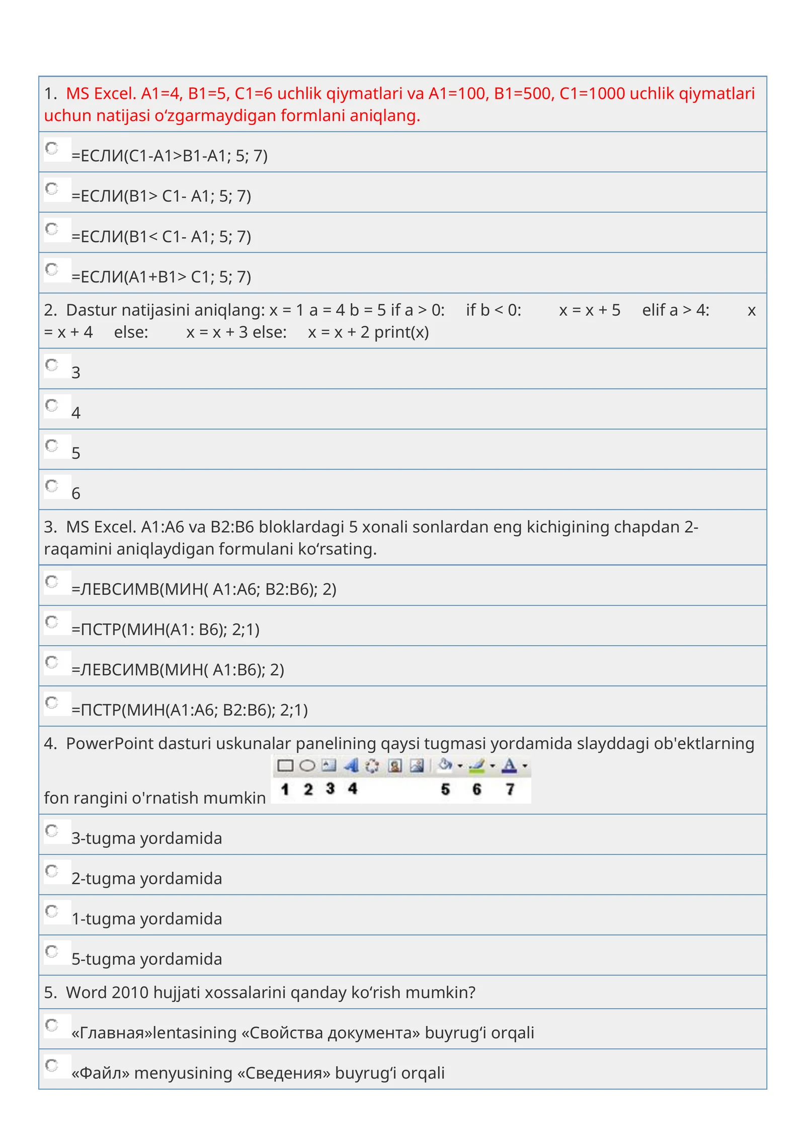 MS Excel. A1=4, B1=5, C1=6 uchlik qiymatlari va A1=100, B1=500, C1=1000 uchlik qiymatlari uchun natijasi o‘zgarmaydigan formlani aniqlang