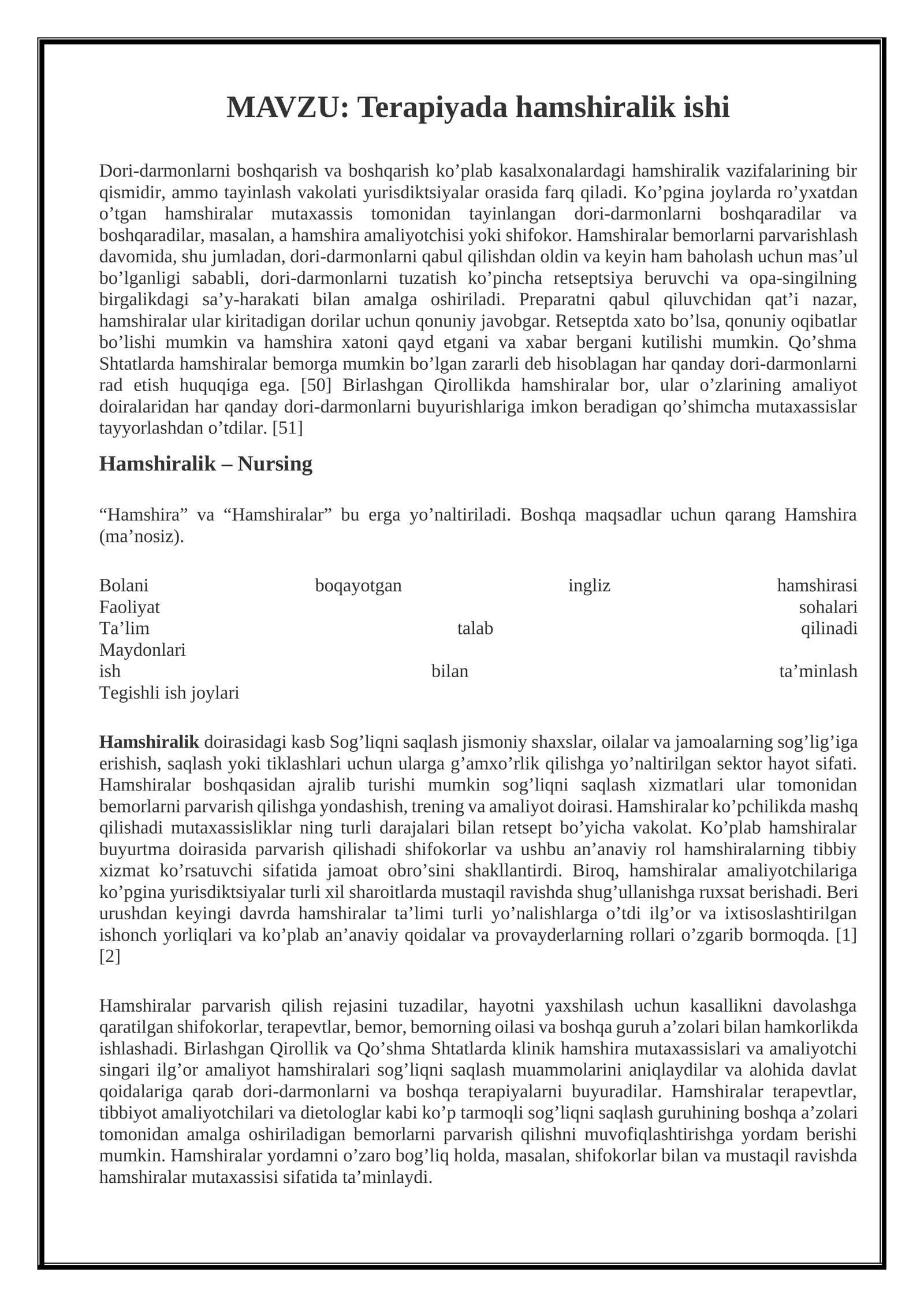 Terapiyada hamshiralik ishi