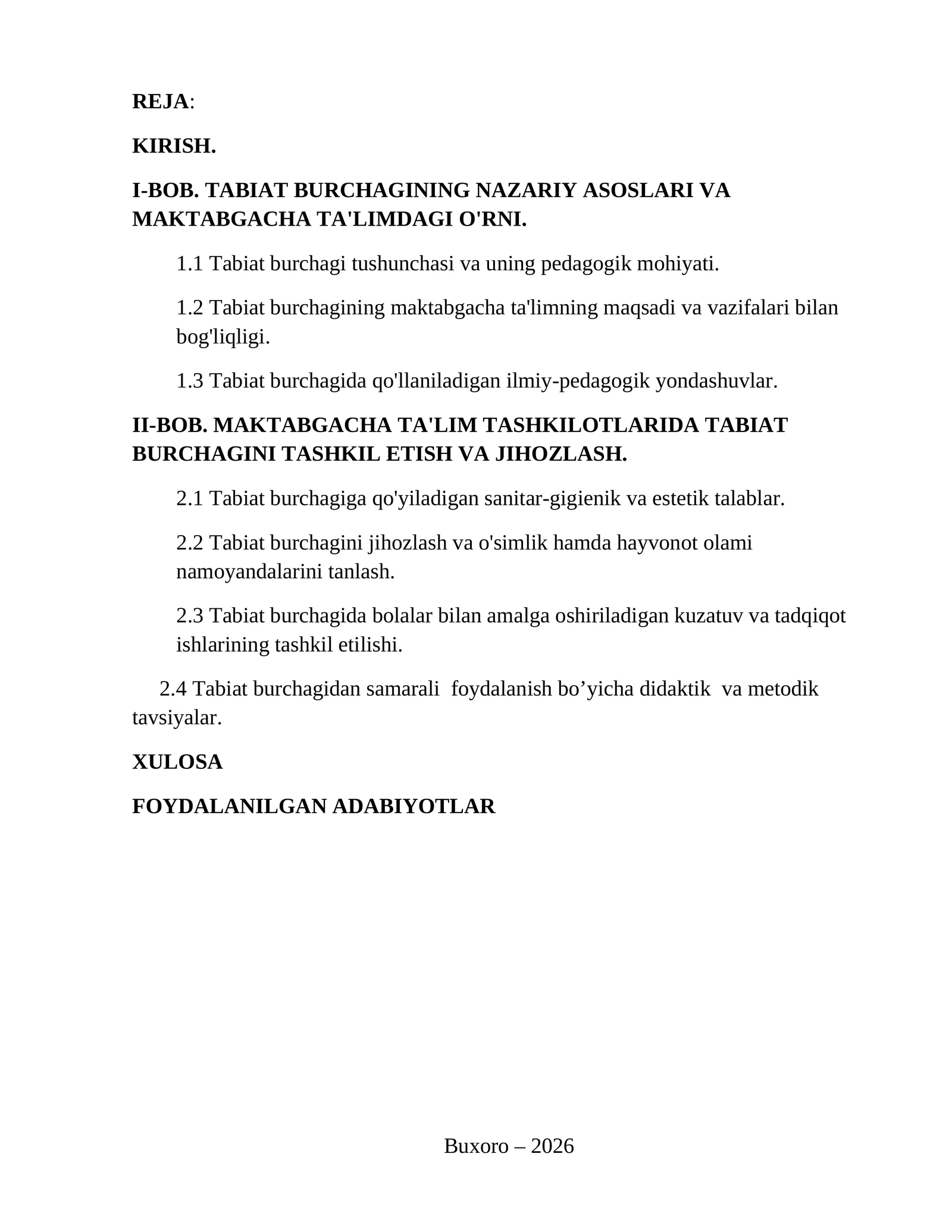 TABIAT BURCHAGINING NAZARIY ASOSLARI VA MAKTABGACHA TA'LIMDAGI O'RNI