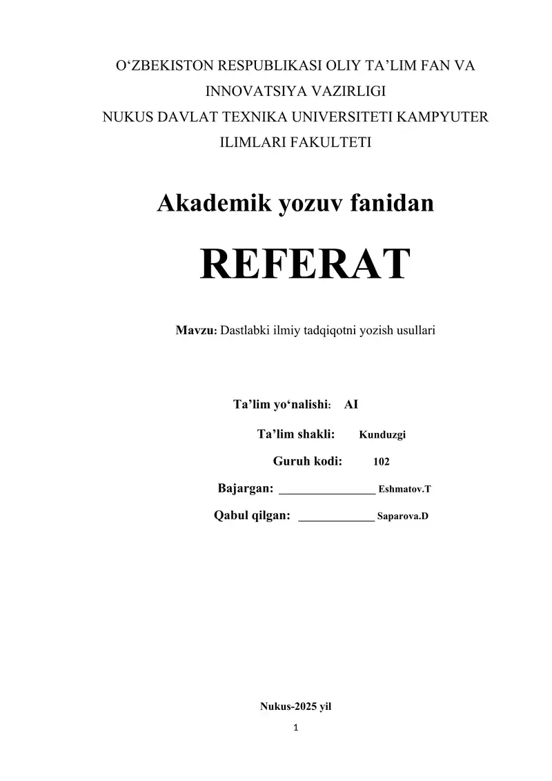 Dastlabki ilmiy tadqiqotni yozish usullari