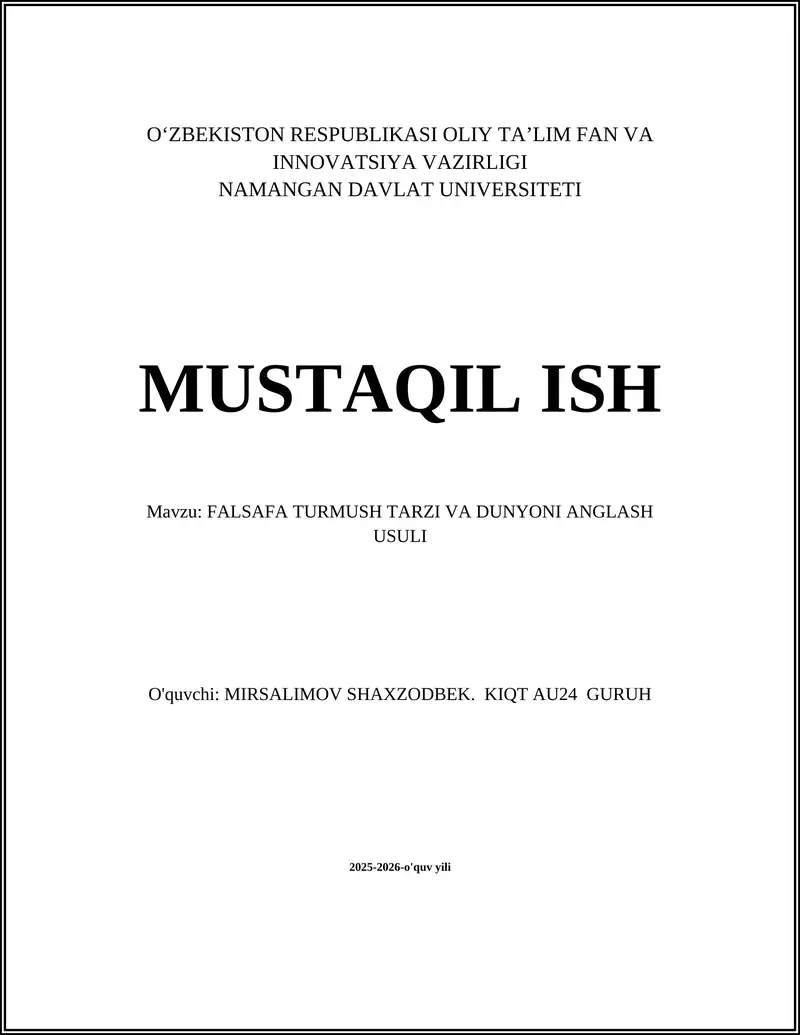 FALSAFA TURMUSH TARZI VA DUNYONI ANGLASH USULI