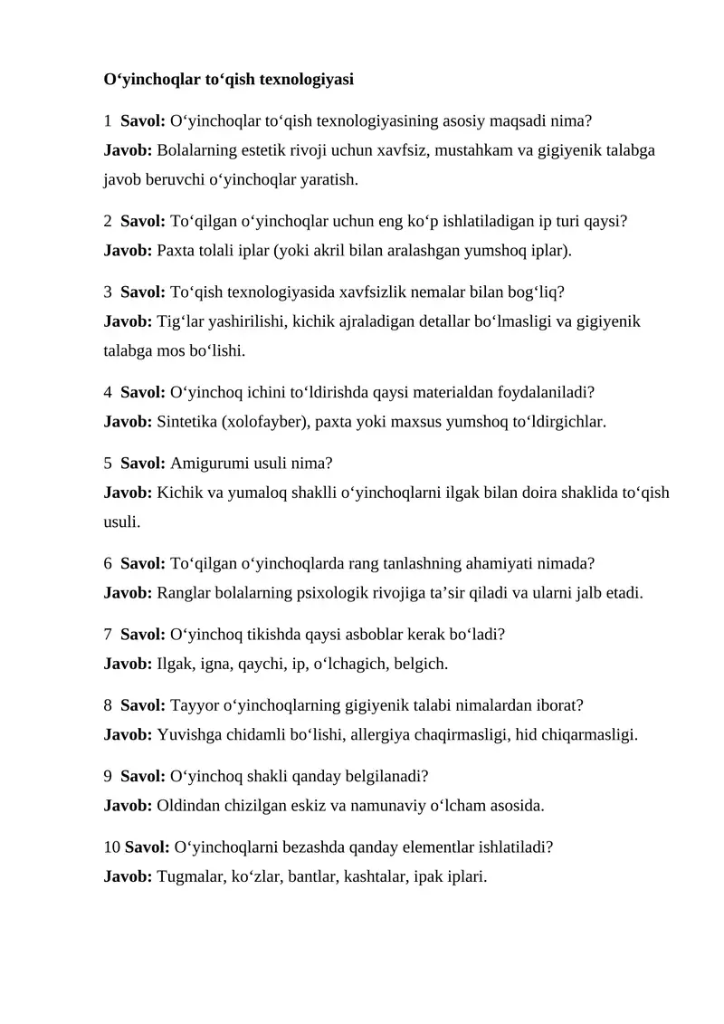 O‘yinchoqlar to‘qish texnologiyasi