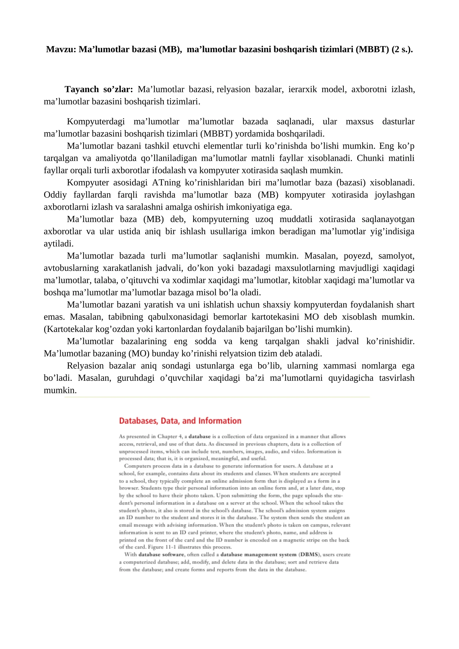 Ma’lumotlar bazasi (MB), ma’lumotlar bazasini boshqarish tizimlari (MBBT) (2 s.)