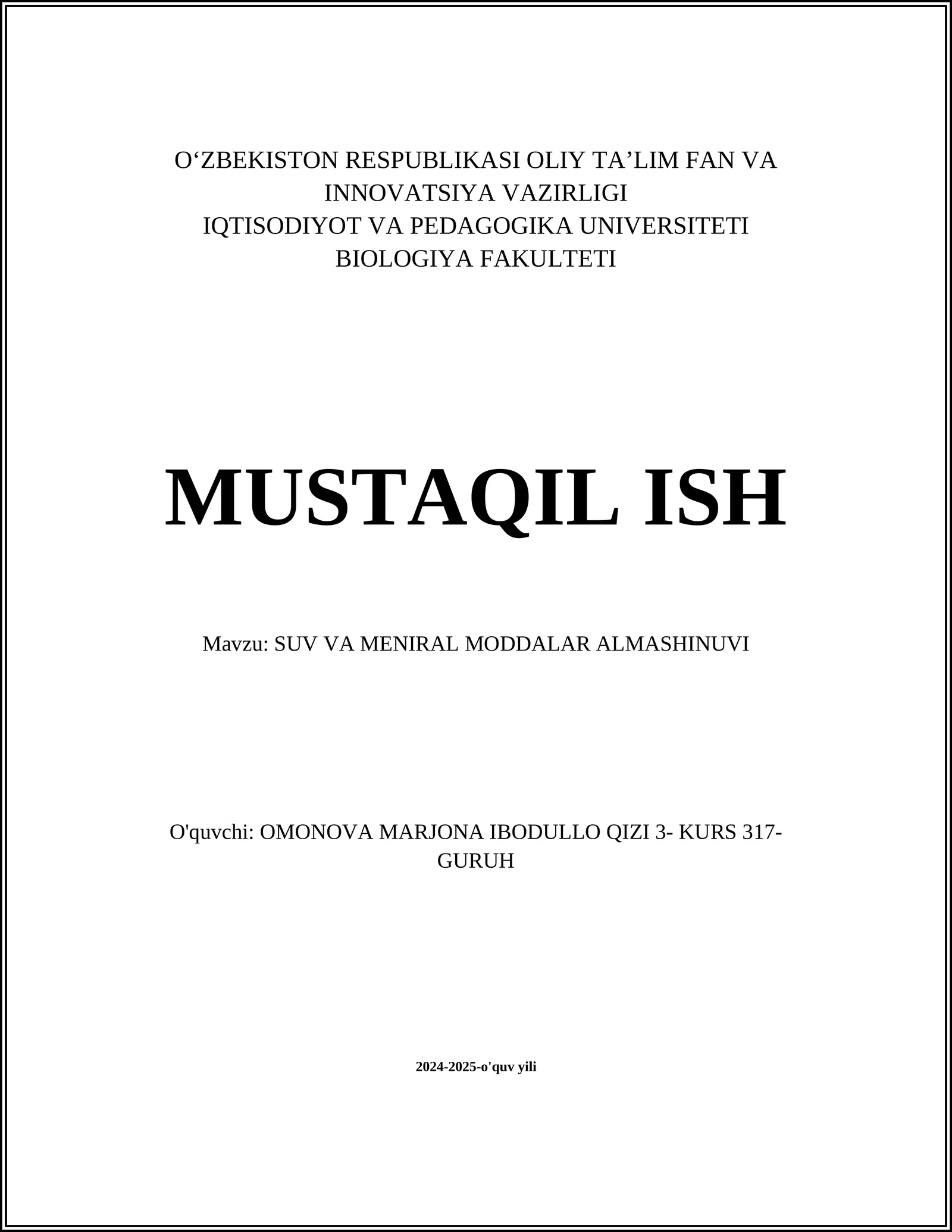 SUV VA MENIRAL MODDALAR ALMASHINUVI