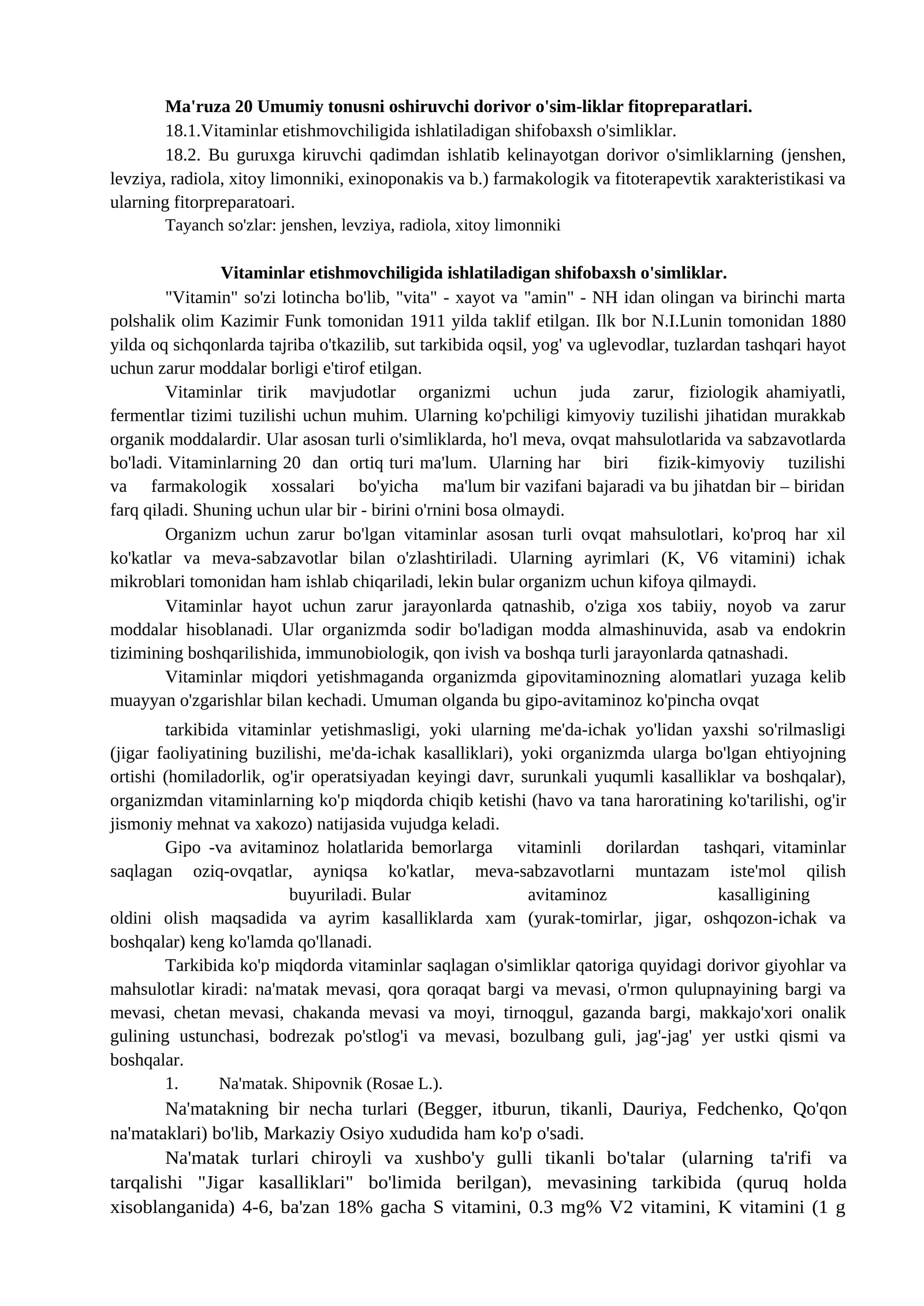 Umumiy tonusni oshiruvchi dorivor o'sim-liklar fitopreparatlari