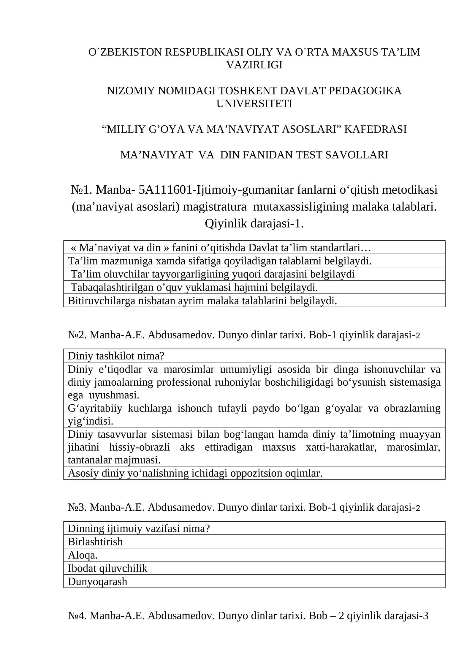 MA’NAVIYAT VA DIN FANIDAN TEST SAVOLLARI