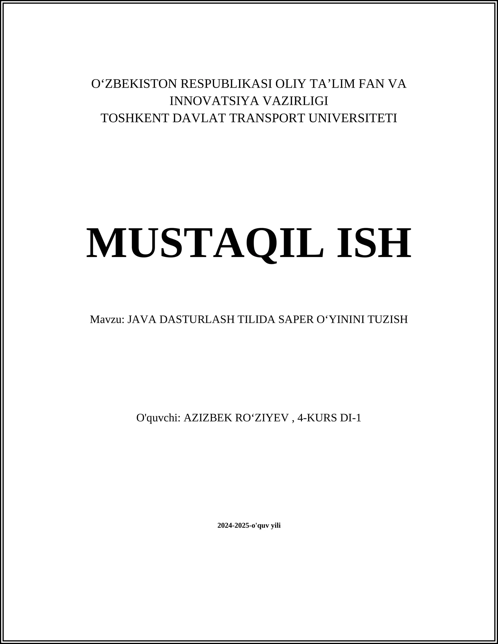 JAVA DASTURLASH TILIDA SAPER OʻYININI TUZISH