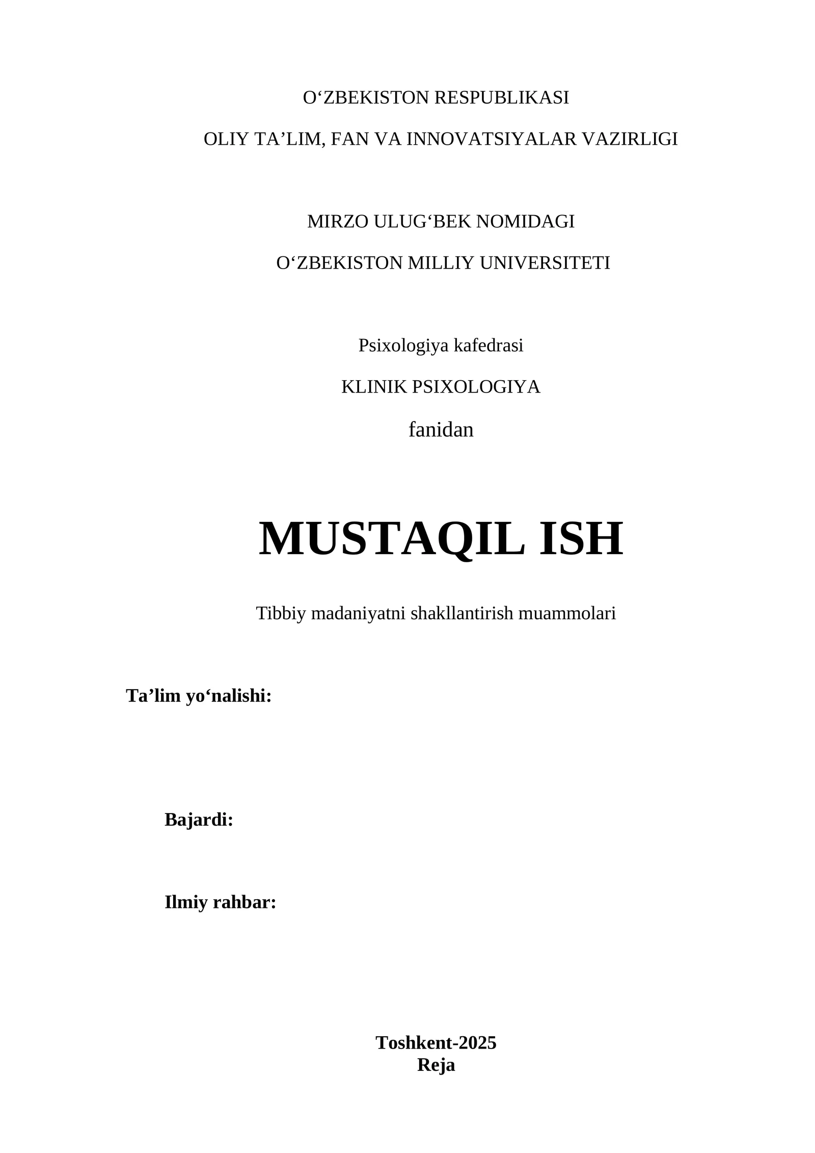 KLINIK PSIXOLOGIYA fanidan MUSTAQIL ISH