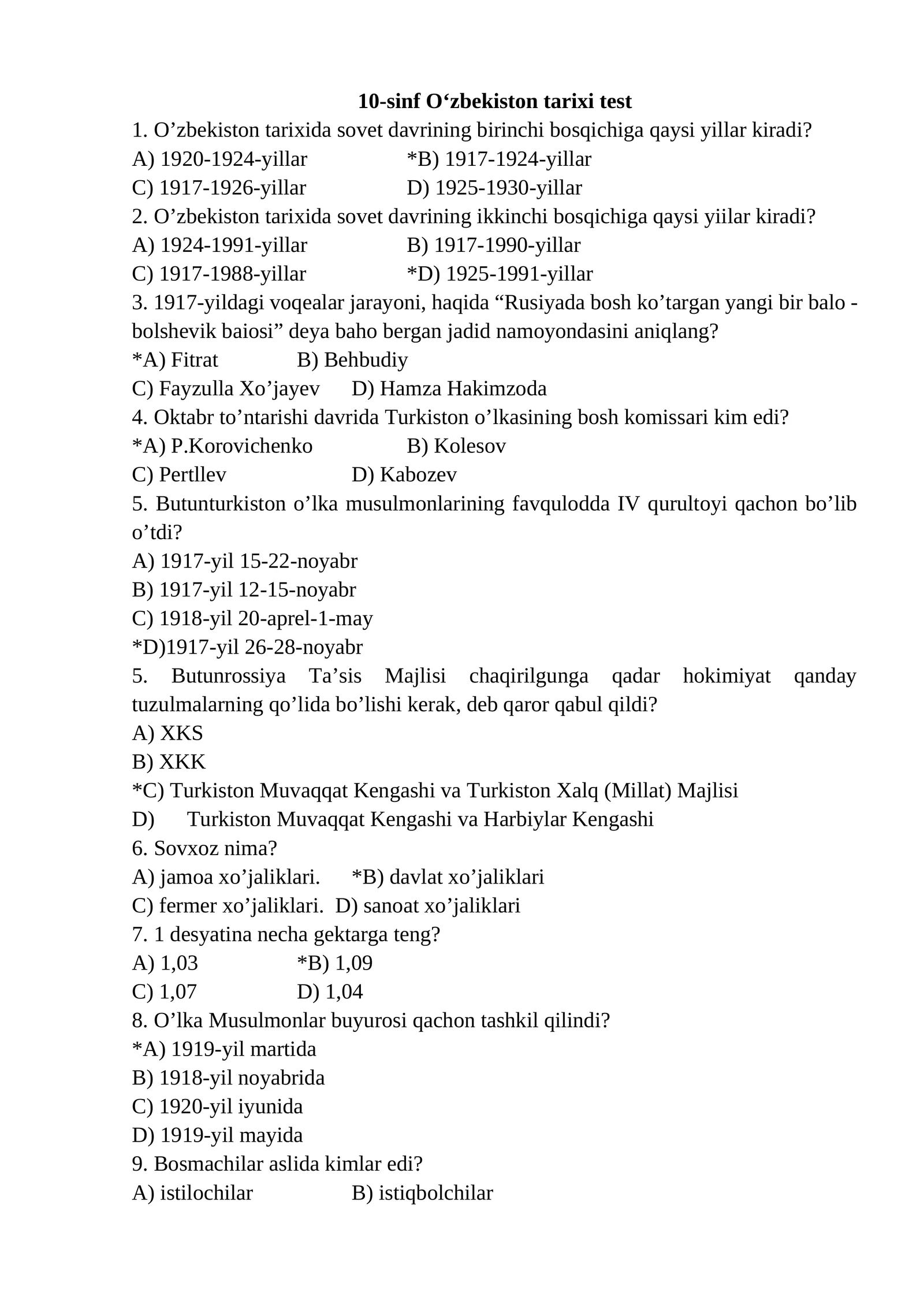 10-11-sinf o'zbekiston tarixi test