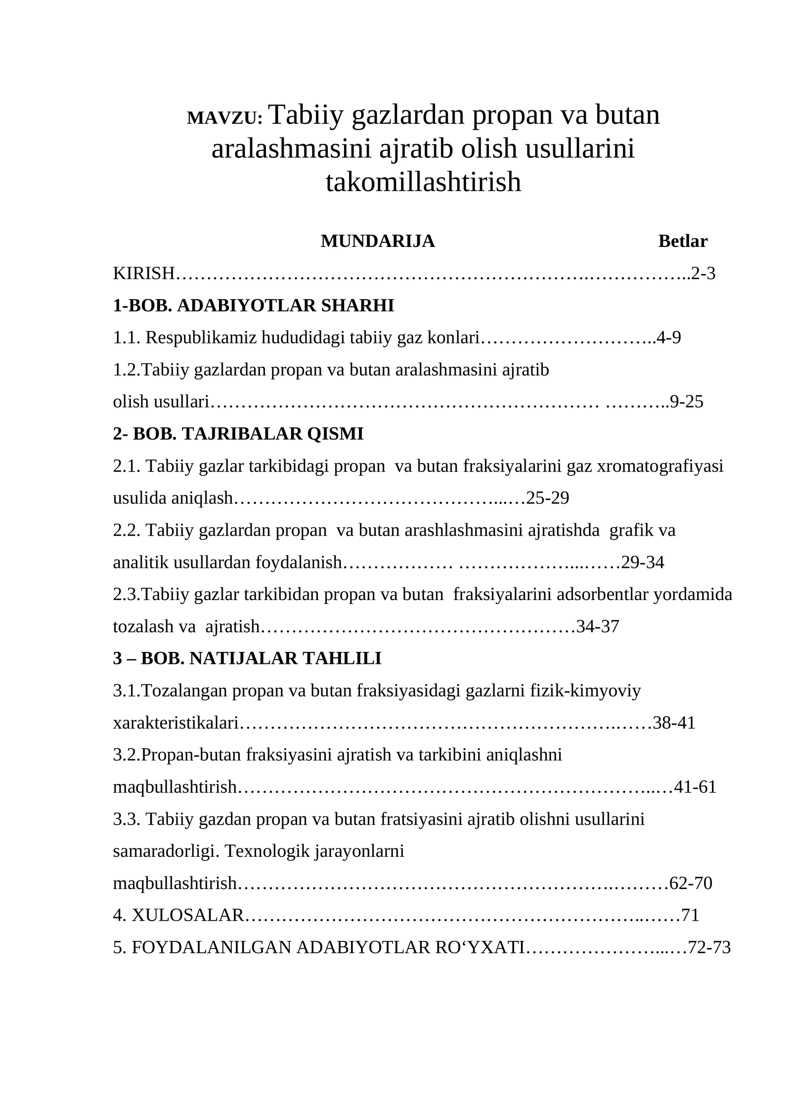 Tabiiy gazlardan propan va butan aralashmasini ajratib olish usullarini takomillashtirish