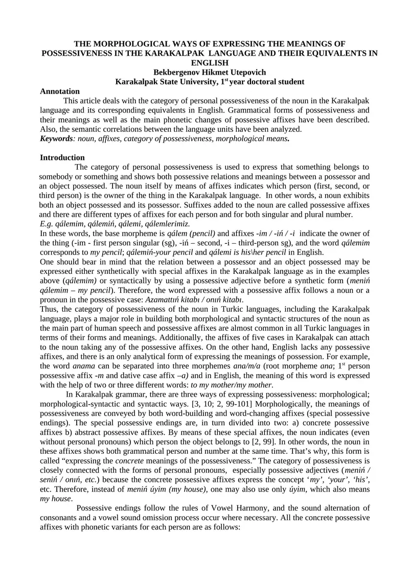 THE MORPHOLOGICAL WAYS OF EXPRESSING THE MEANINGS OF POSSESSIVENESS IN ...