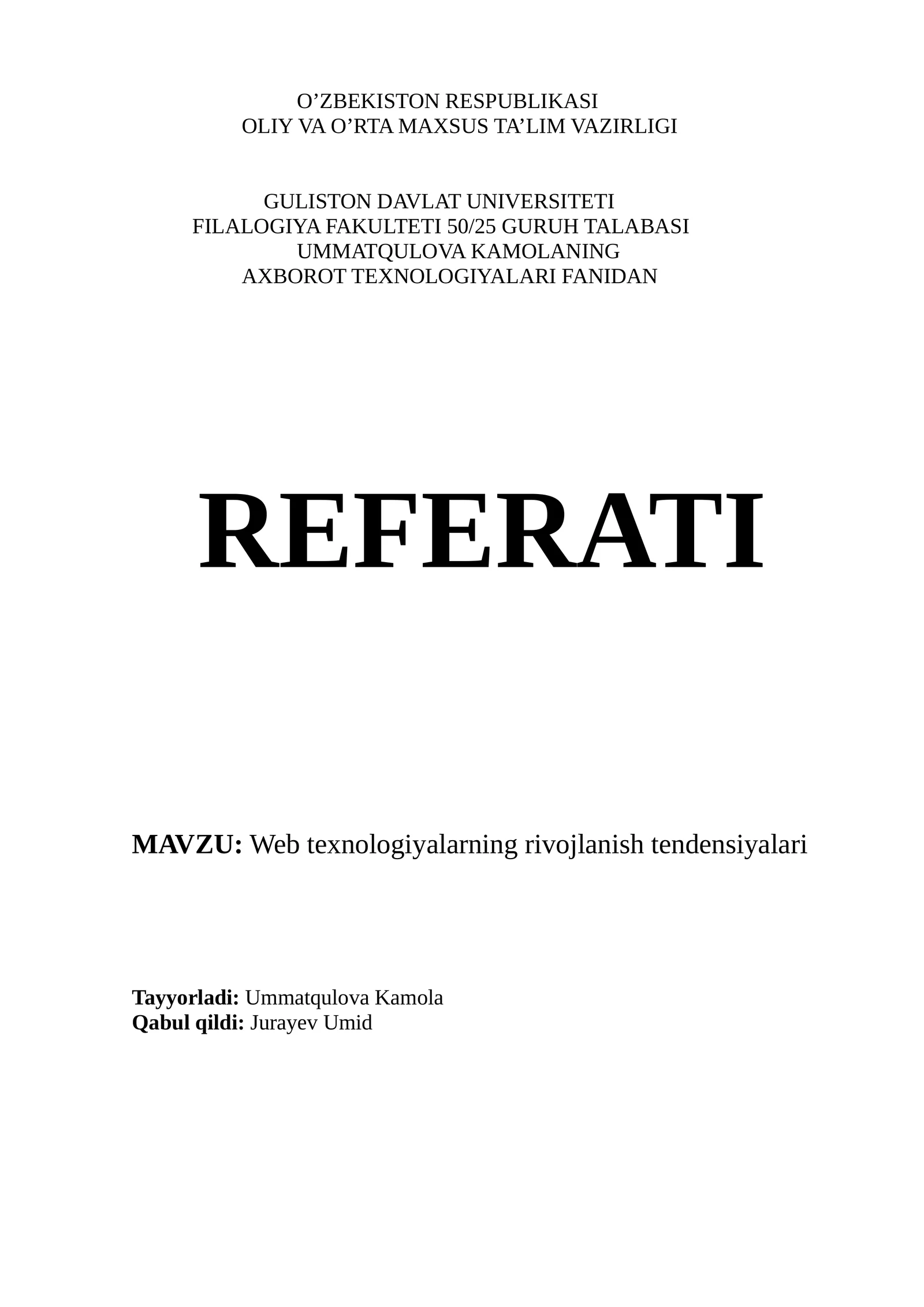 Web texnologiyalarning rivojlanish tendensiyalari