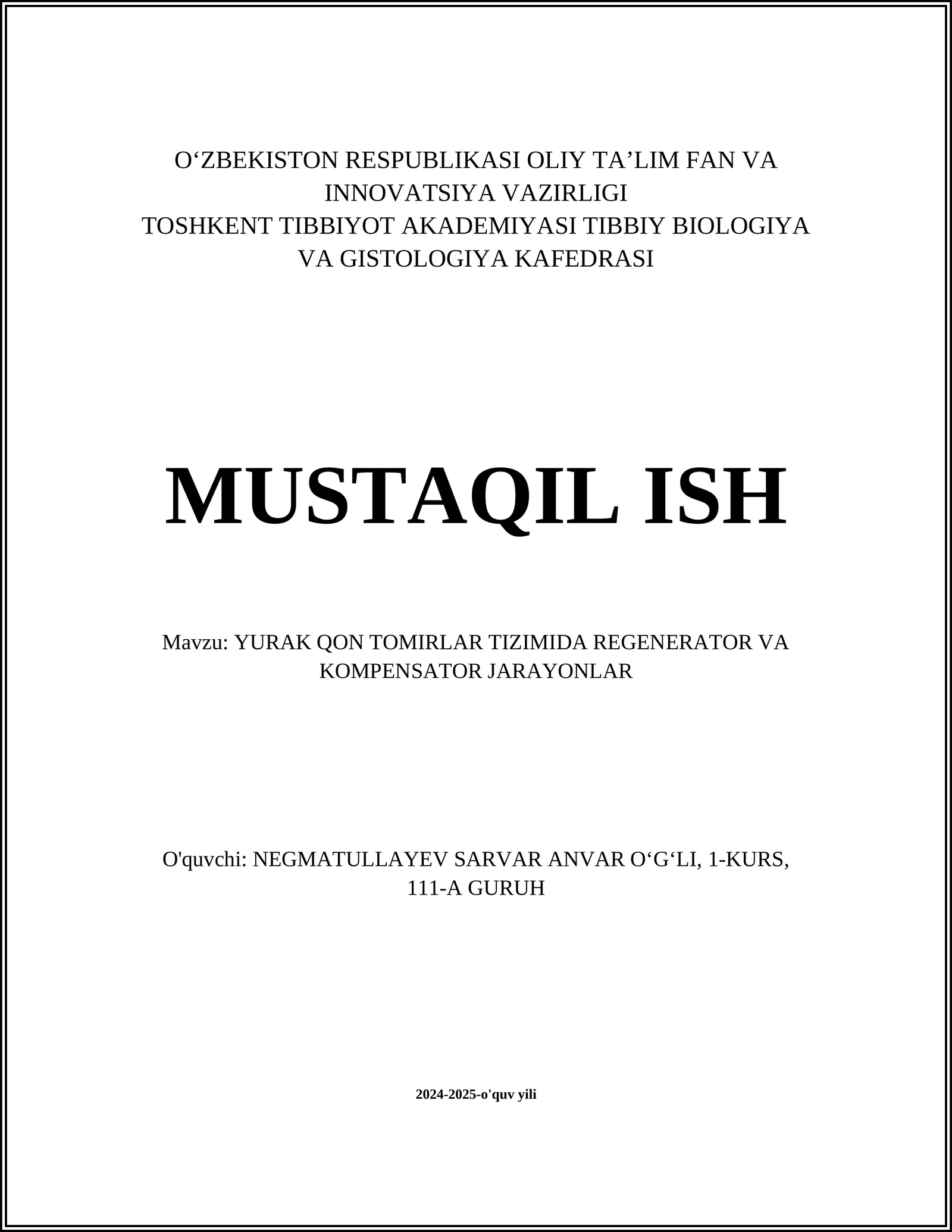 YURAK QON TOMIRLAR TIZIMIDA REGENERATOR VA KOMPENSATOR JARAYONLAR