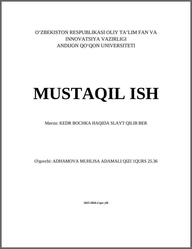 KEDR BOCHKA HAQIDA SLAYT QILIB BER