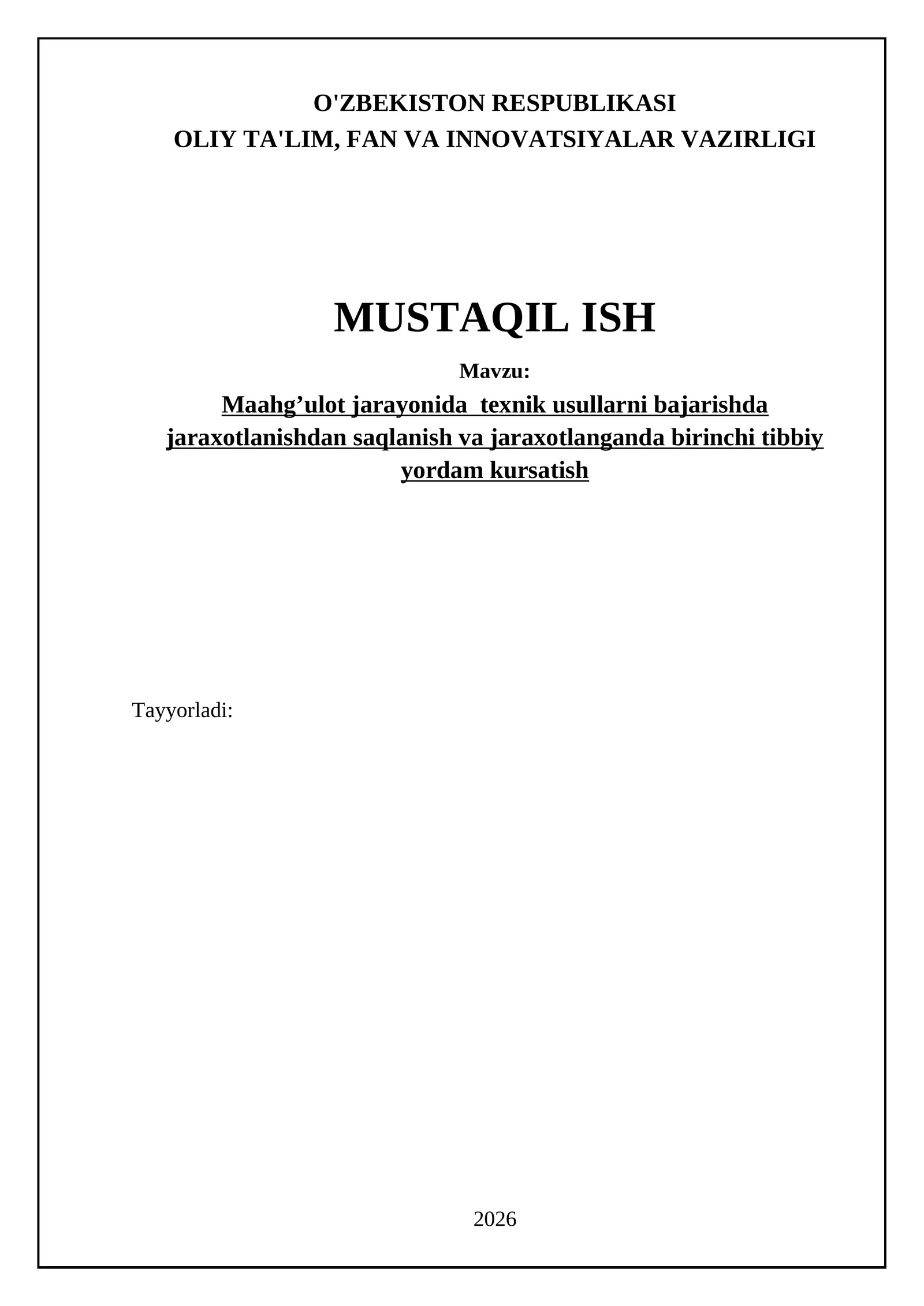 Maahg’ulot jarayonida texnik usullarni bajarishda jaraxotlanishdan saqlanish va jaraxotlanganda birinchi tibbiy yordam kursatish