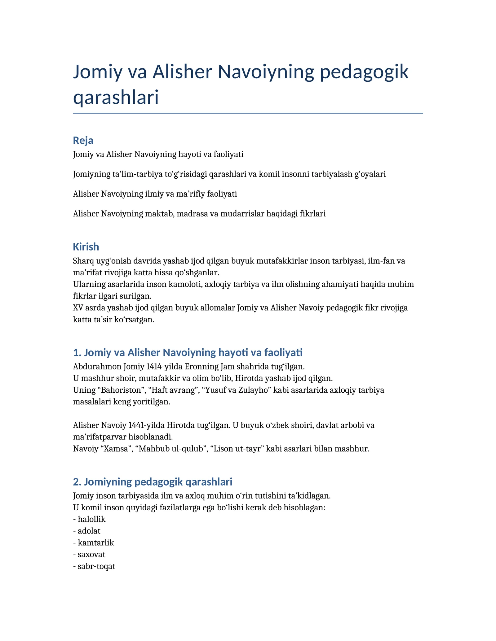 Jomiy va Alisher Navoiyning Pedagogik Qarashlari