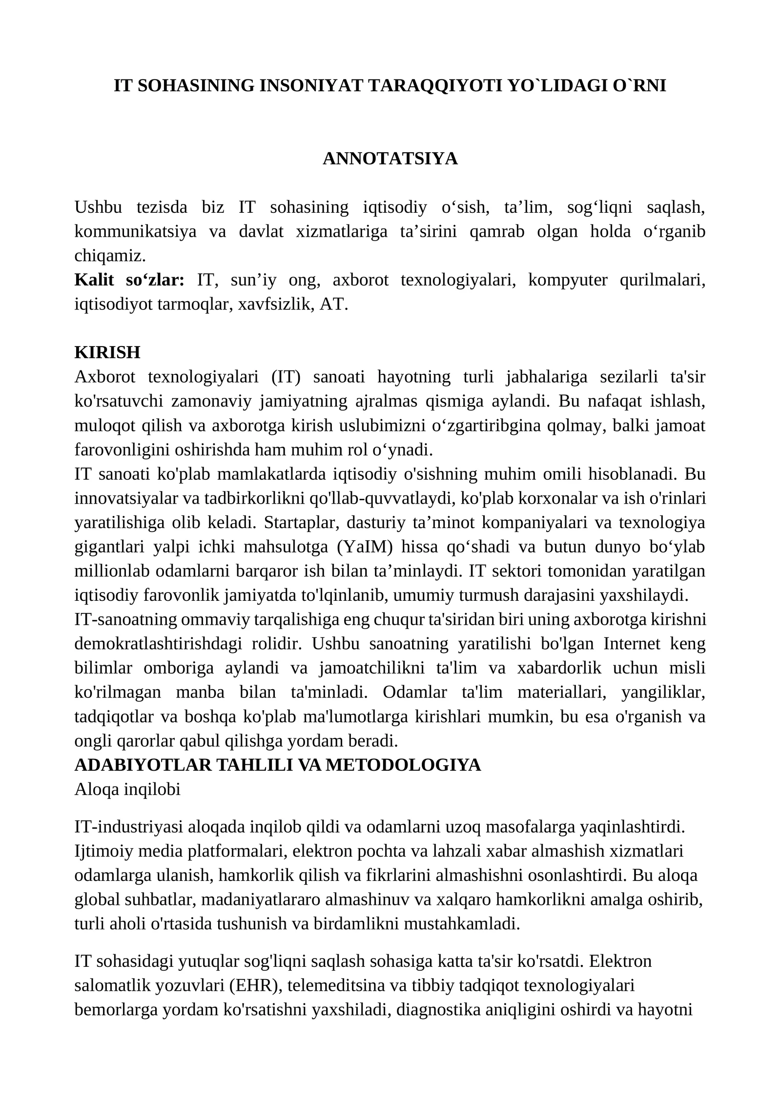 IT SOHASINING INSONIYAT TARAQQIYOTI YO`LIDAGI O`RNI