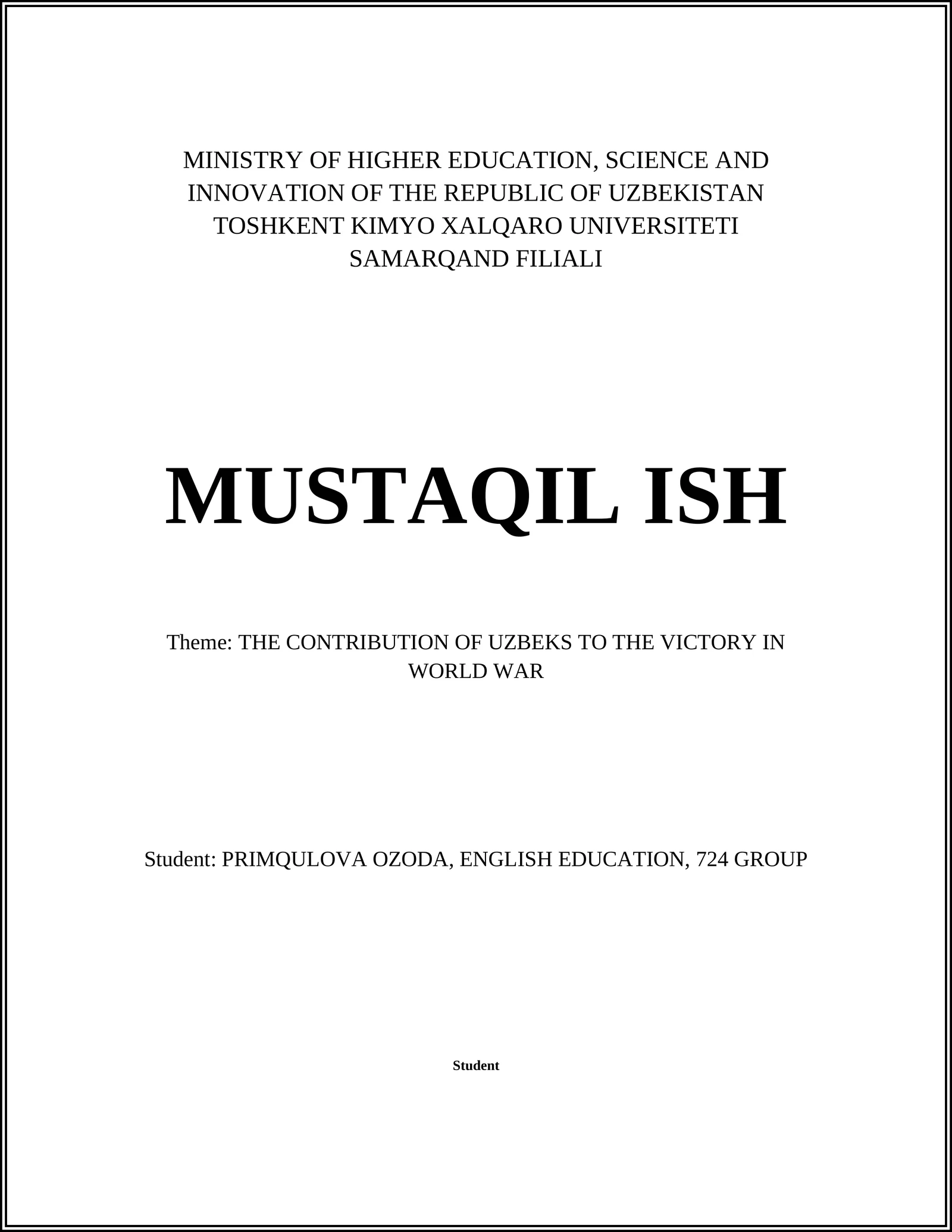 The CONTRIBUTION OF UZBEKS TO THE VICTORY IN WORLD WAR