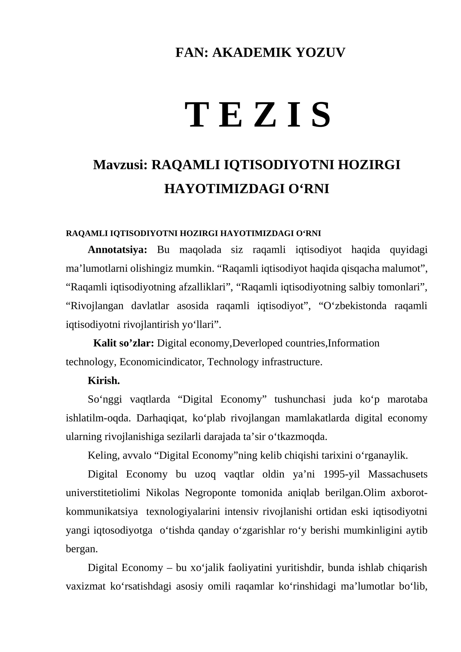 RAQAMLI IQTISODIYOTNI HOZIRGI HAYOTIMIZDAGI OʻRNI