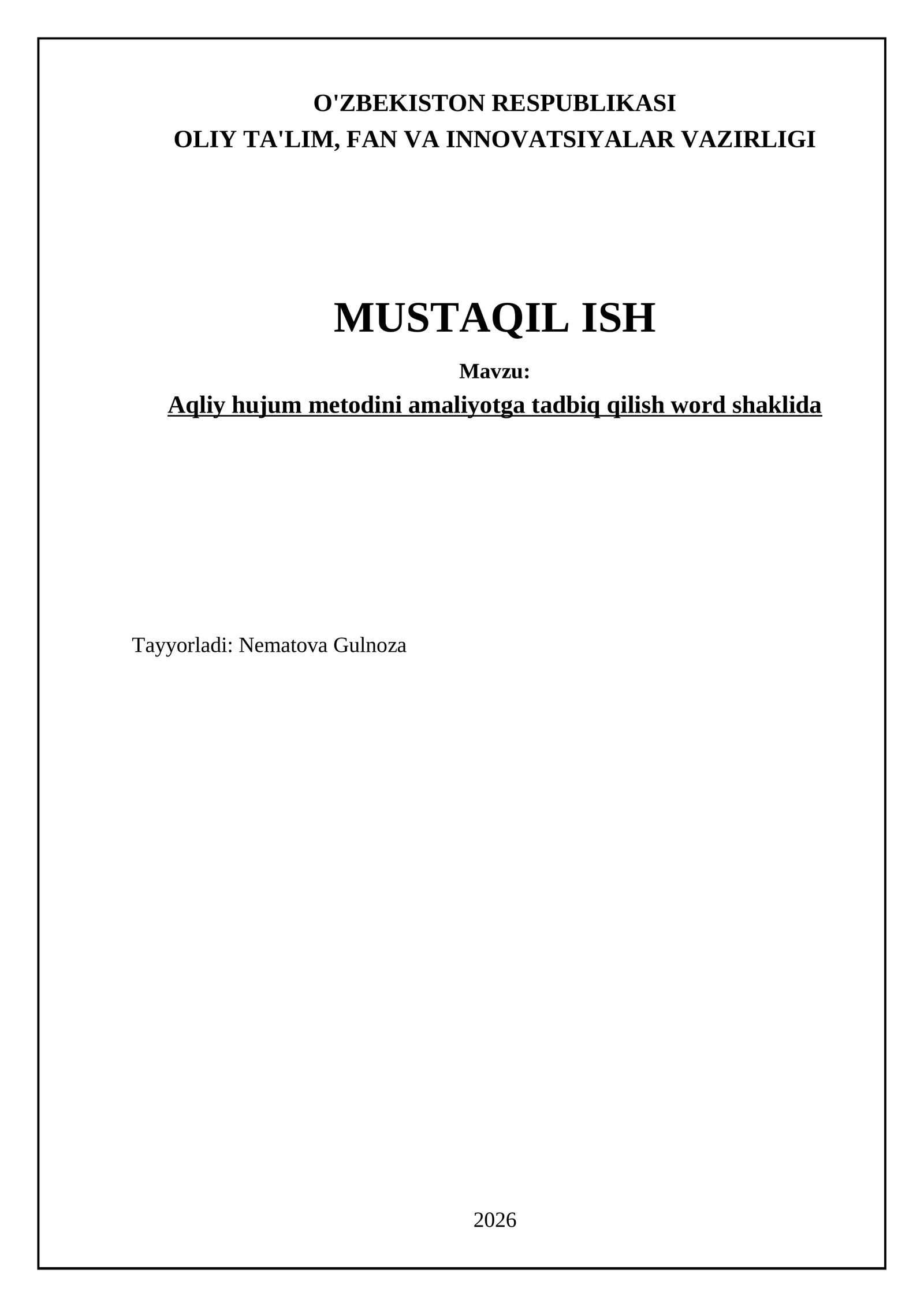 Aqliy hujum metodini amaliyotga tadbiq qilish word shaklida