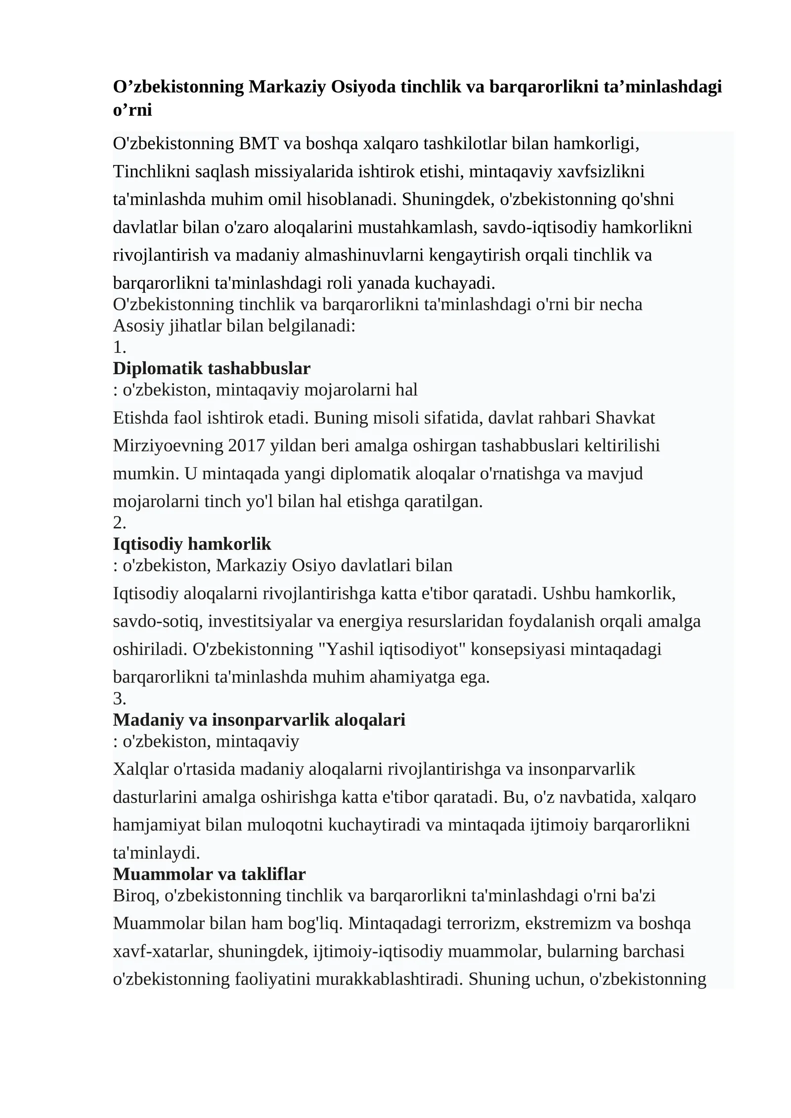 O’zbekistonning Markaziy Osiyoda tinchlik va barqarorlikni ta’minlashdagi o’rni