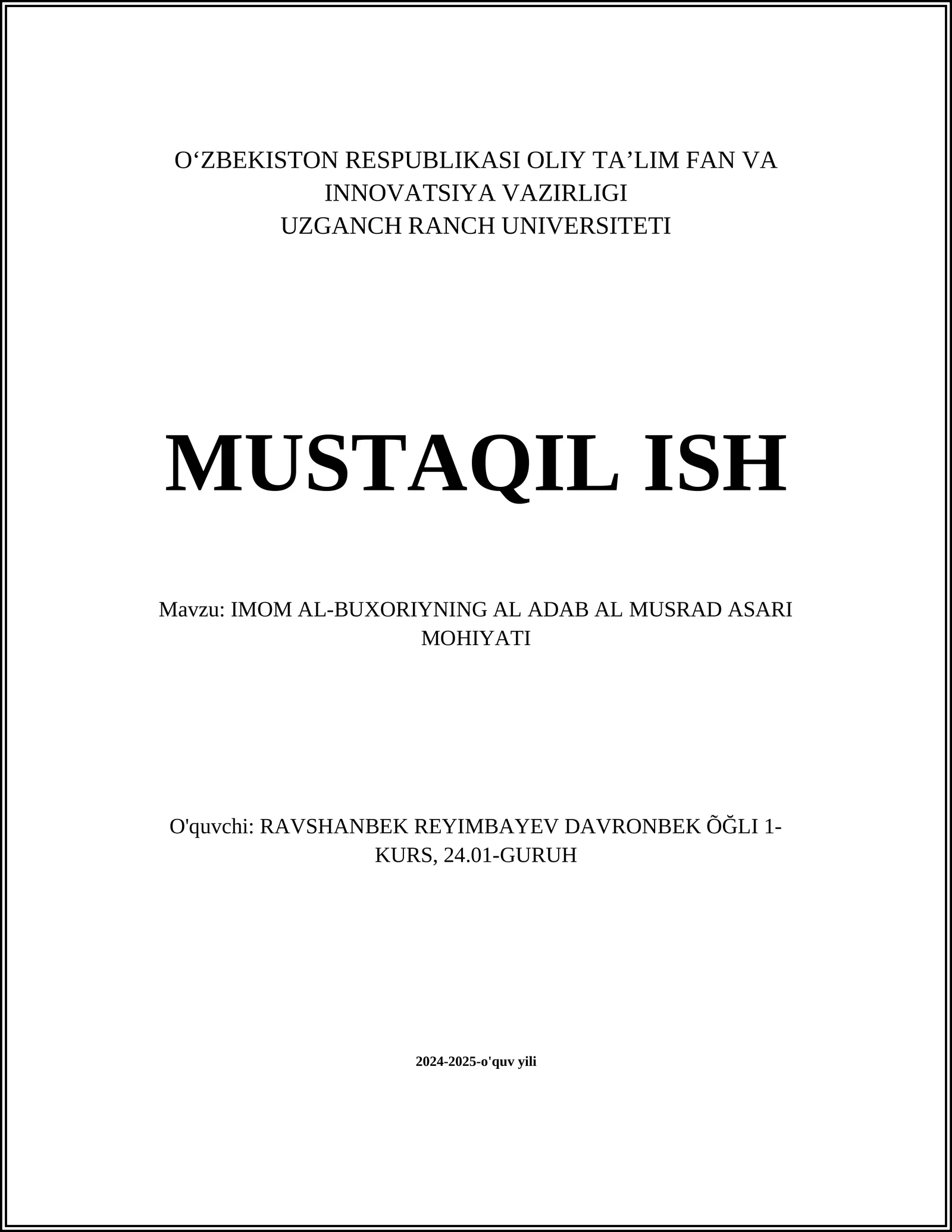 IMOM AL-BUXORIYNING AL ADAB AL MUSRAD ASARI MOHIYATI